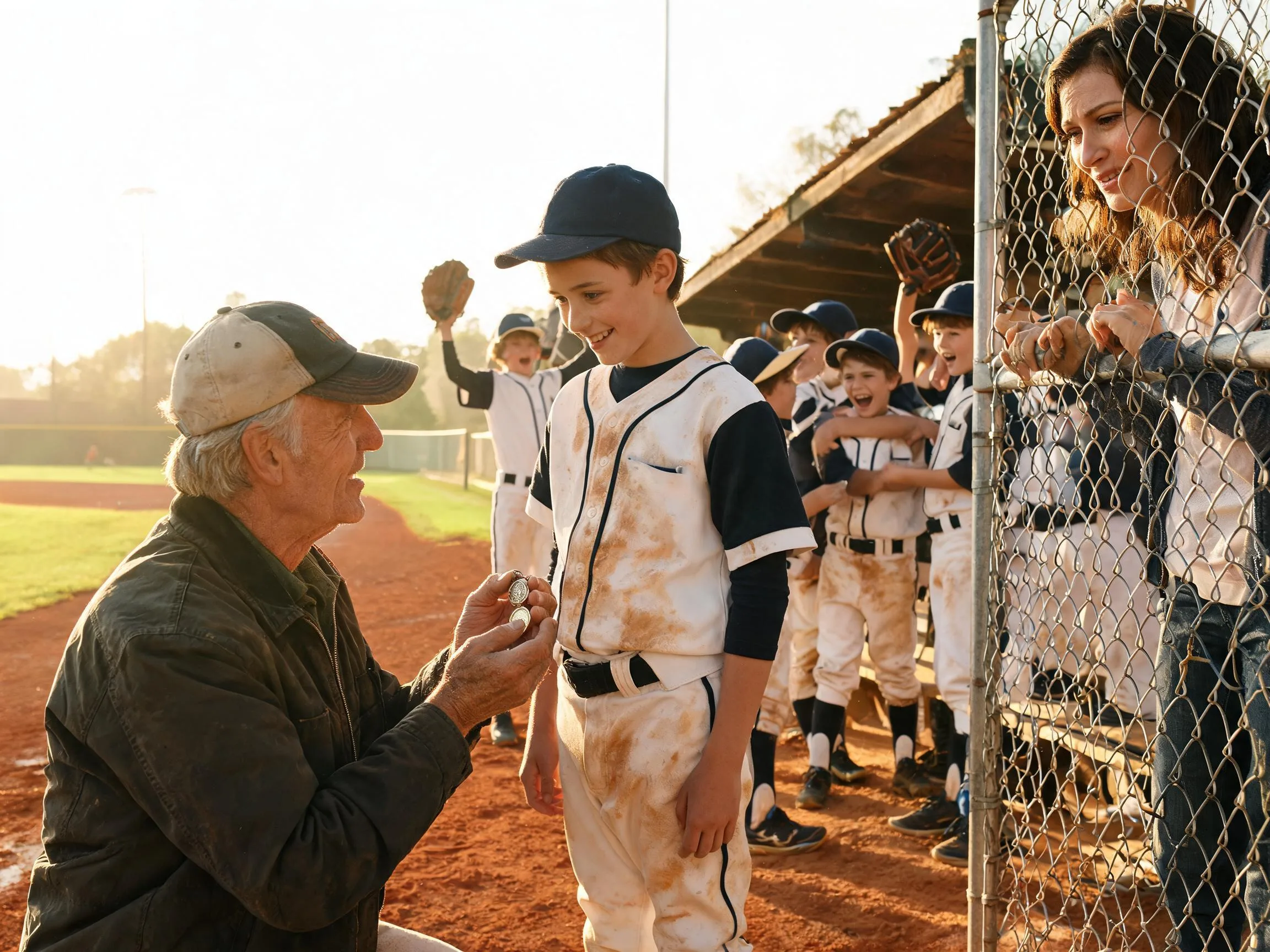 Coach shares proud emotional moment with young athlete on sunlit baseball diamond