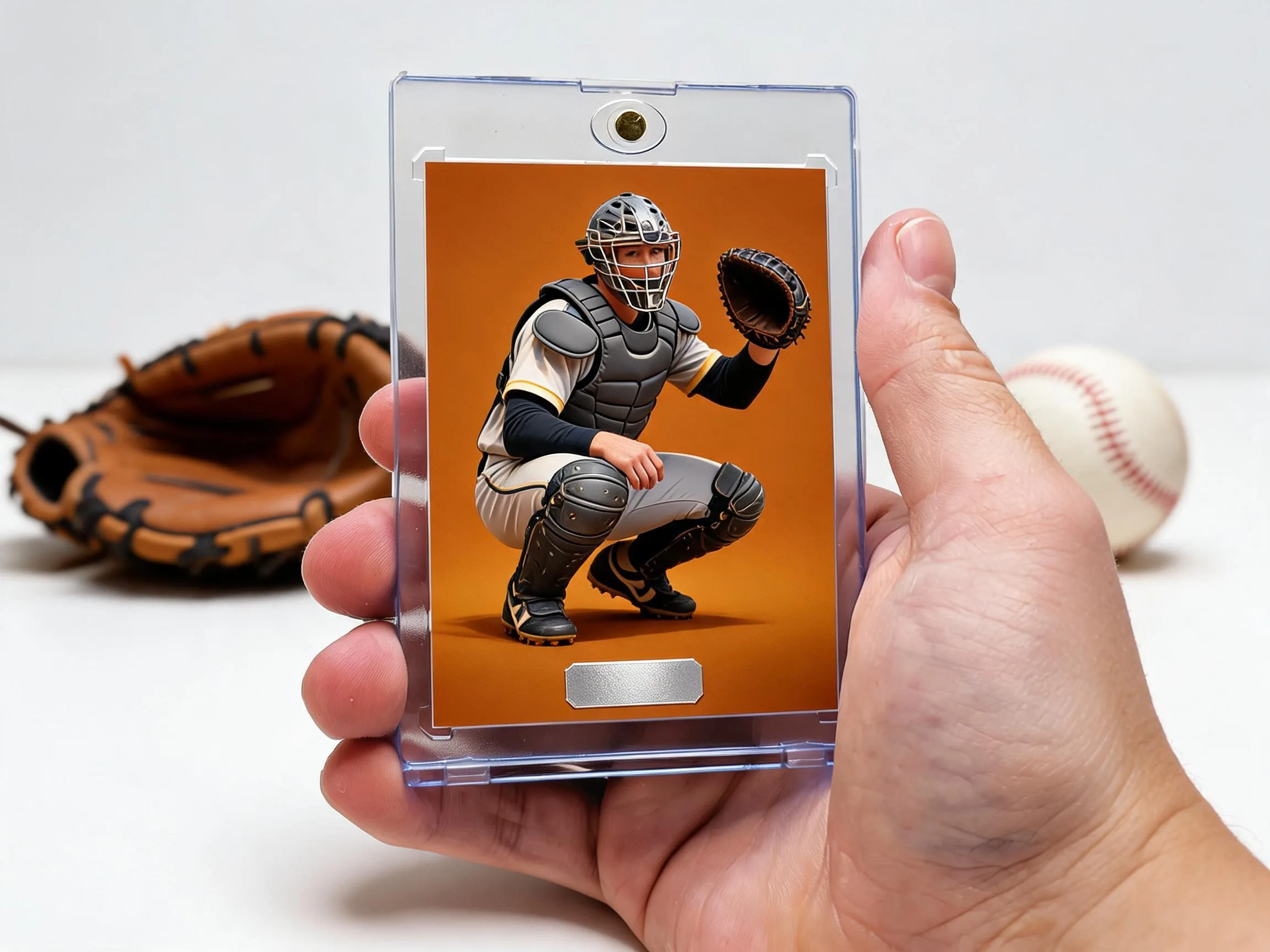 Custom baseball trading card in magnetic case with amber catcher design on white tabletop
