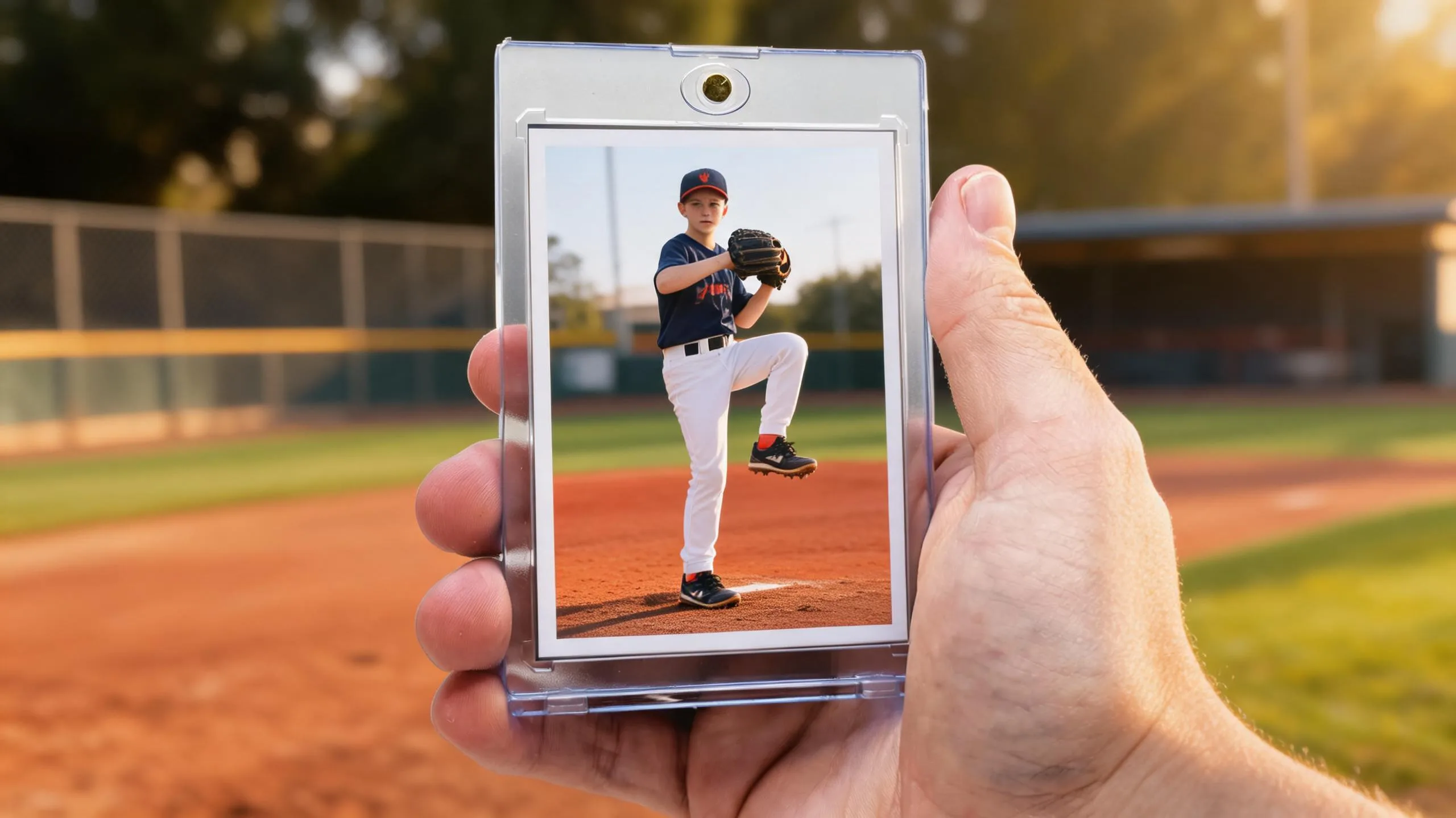 Hand holding magnetic case with sunlit pitcher card, showcasing best mlb cards to buy today