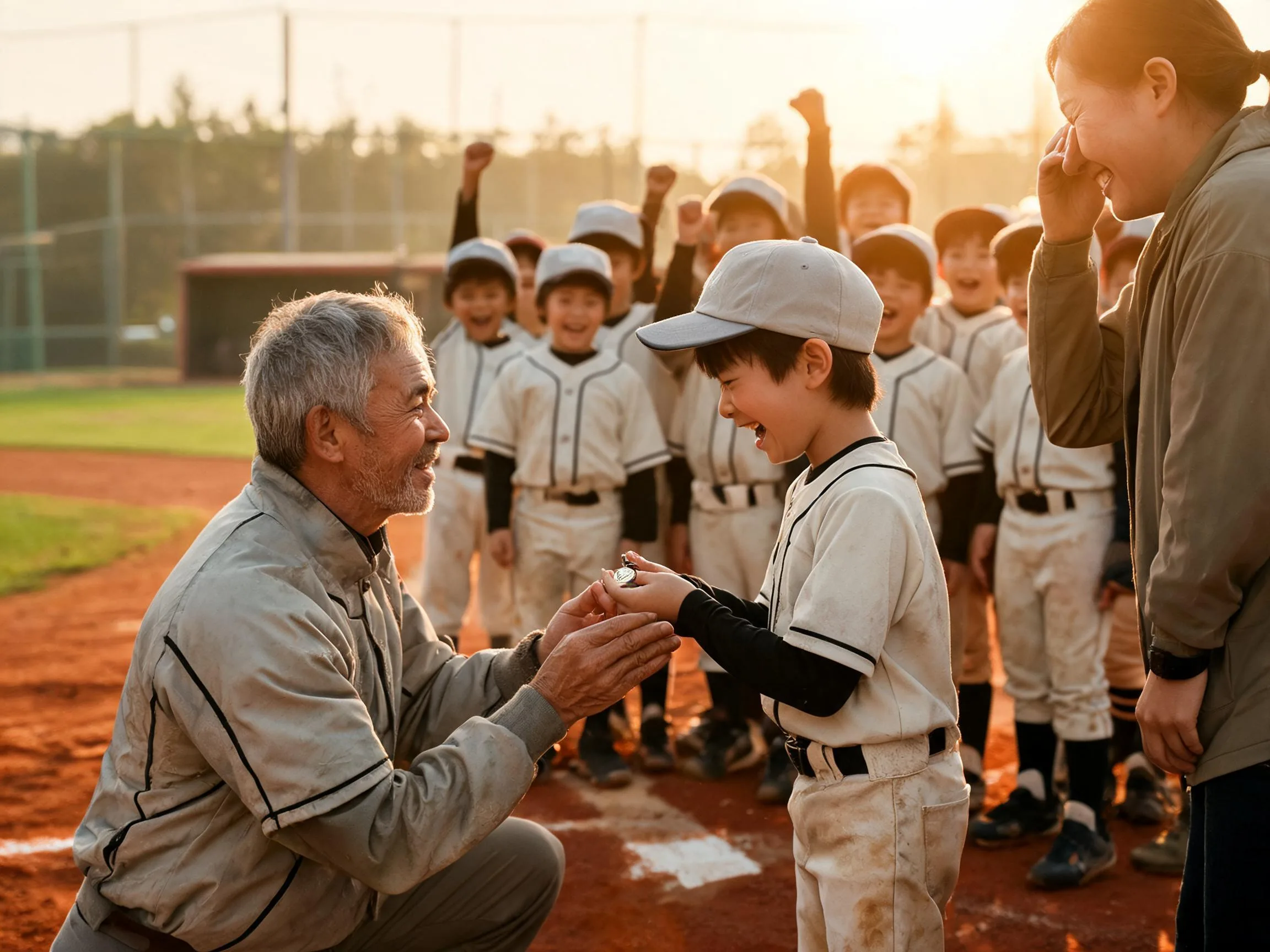 Coach and young player share proud emotional moment on sunlit baseball diamond field