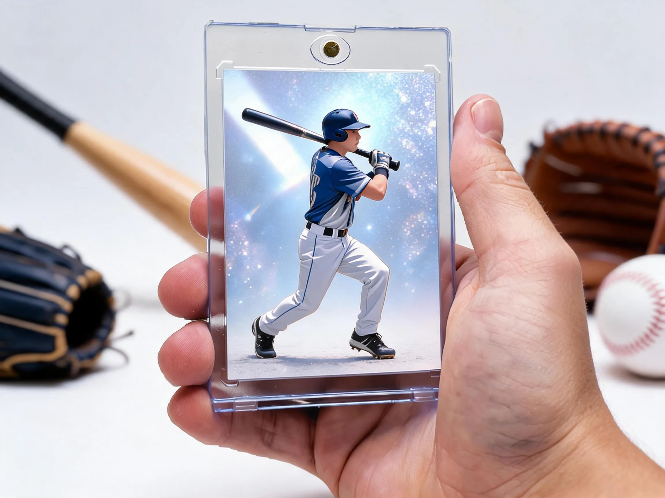Custom baseball trading card in magnetic case, silver-blue refractor batter design displayed