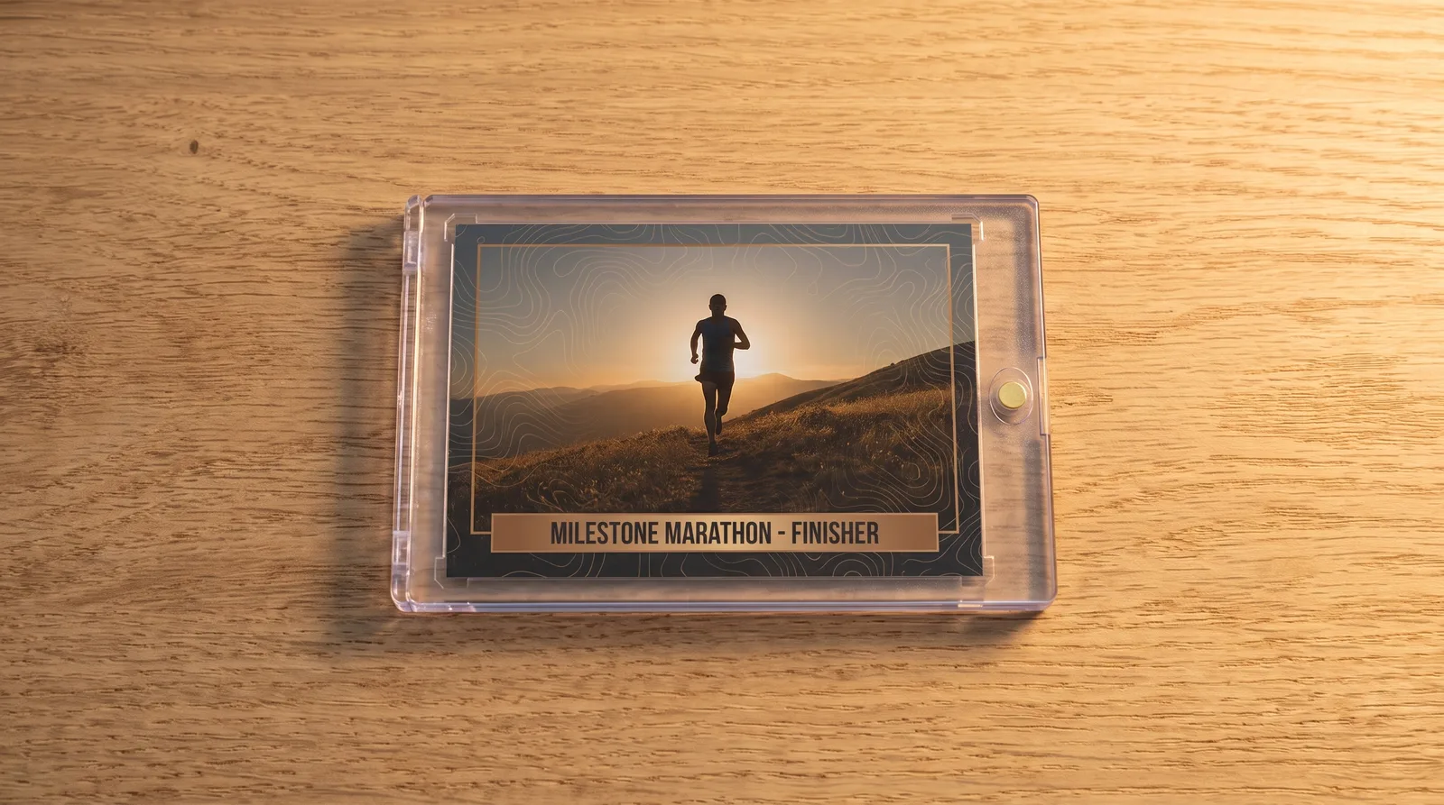 Custom distance running trading card lying flat in its magnetic case on a wooden desk