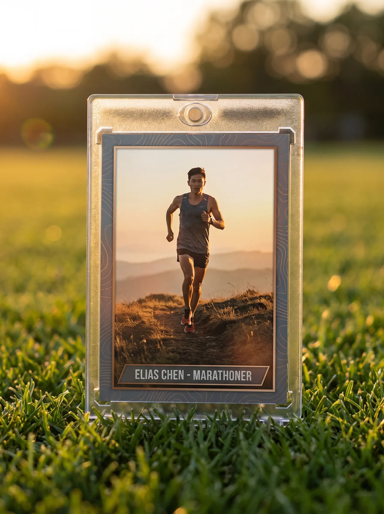 Custom distance running trading card standing in its magnetic case on outdoor turf