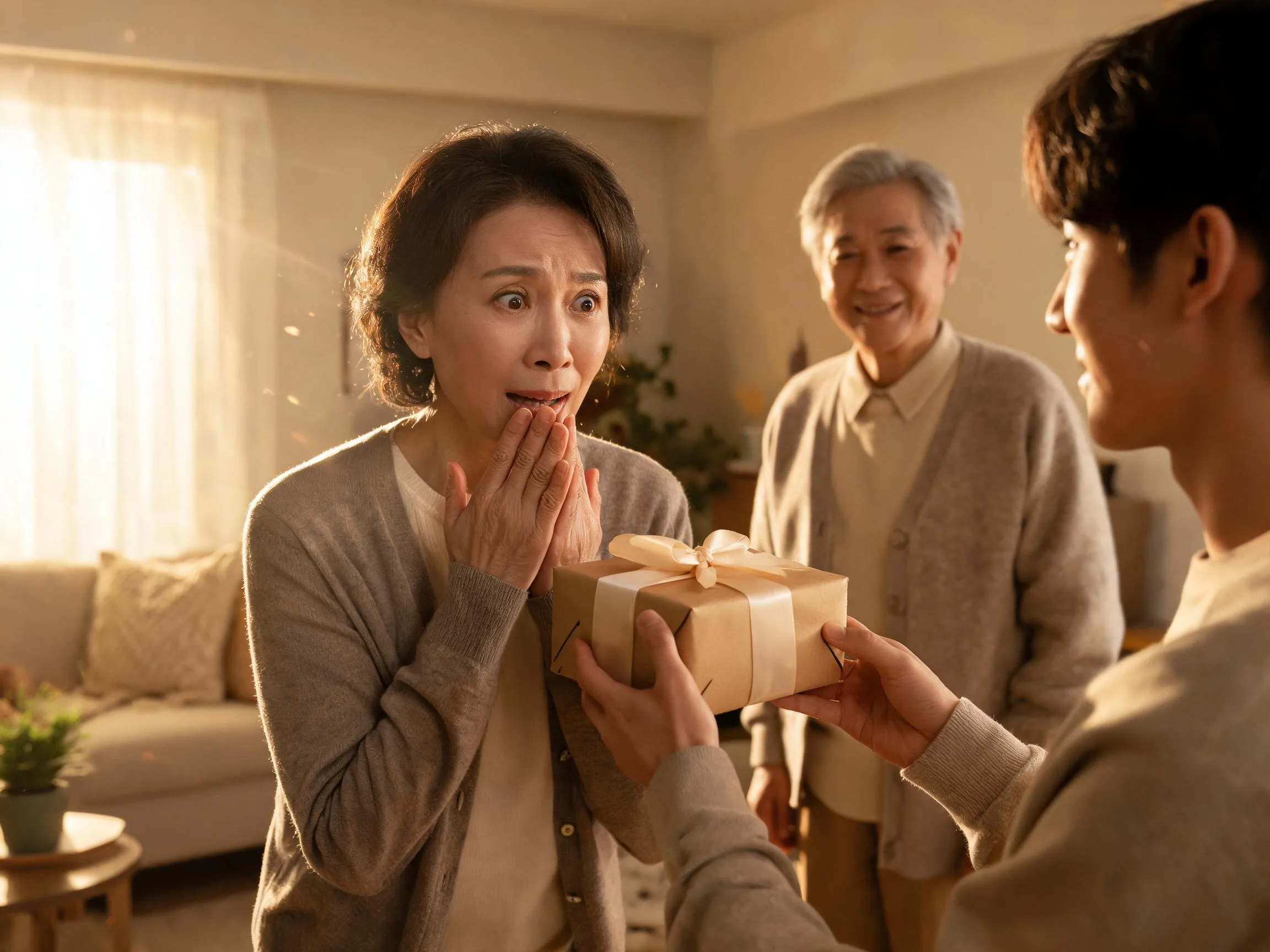 Family member reacting with genuine surprise to an unexpected wrapped gift indoors