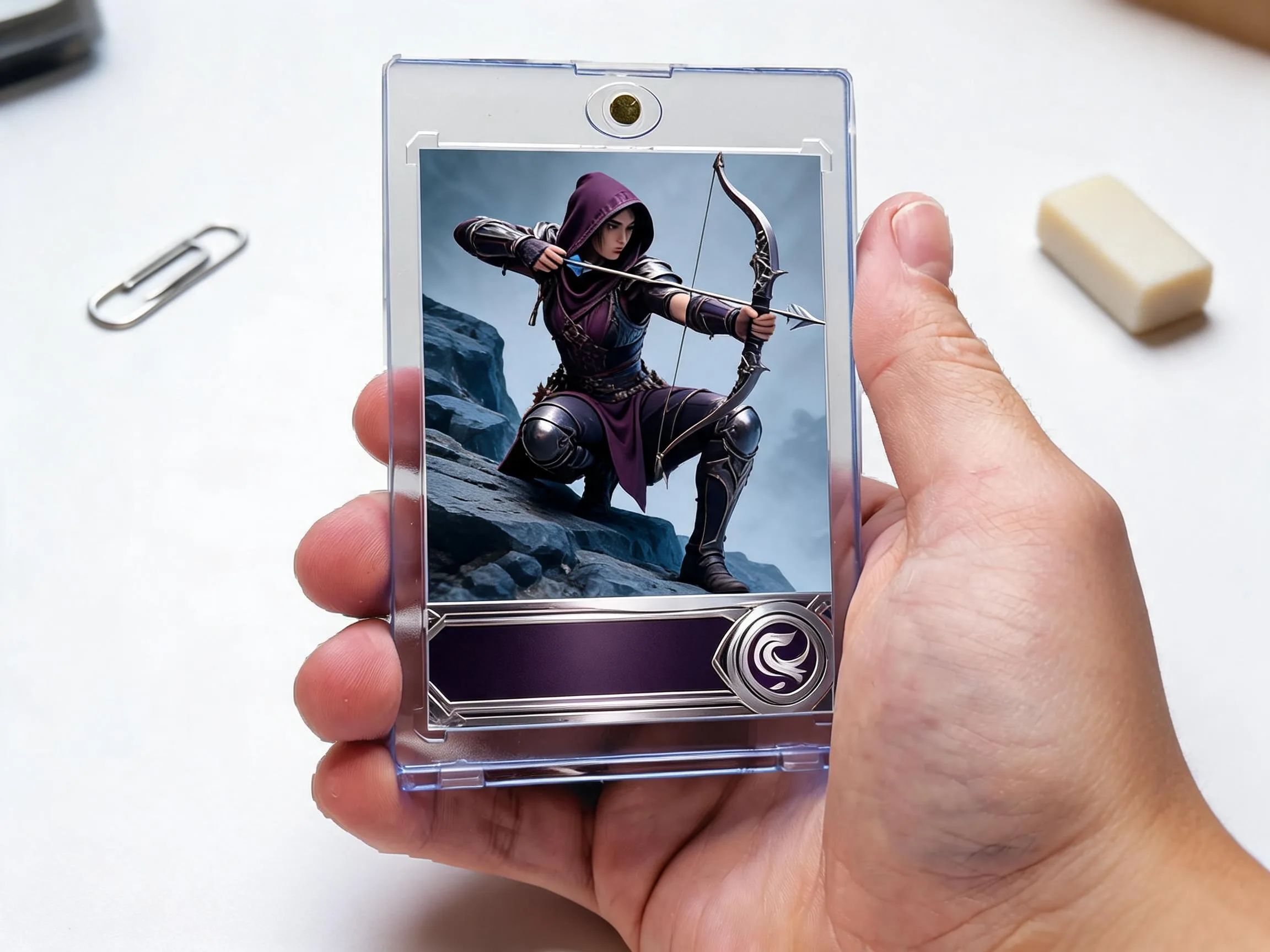 Custom keepsake trading card displayed upright in clear magnetic protective case