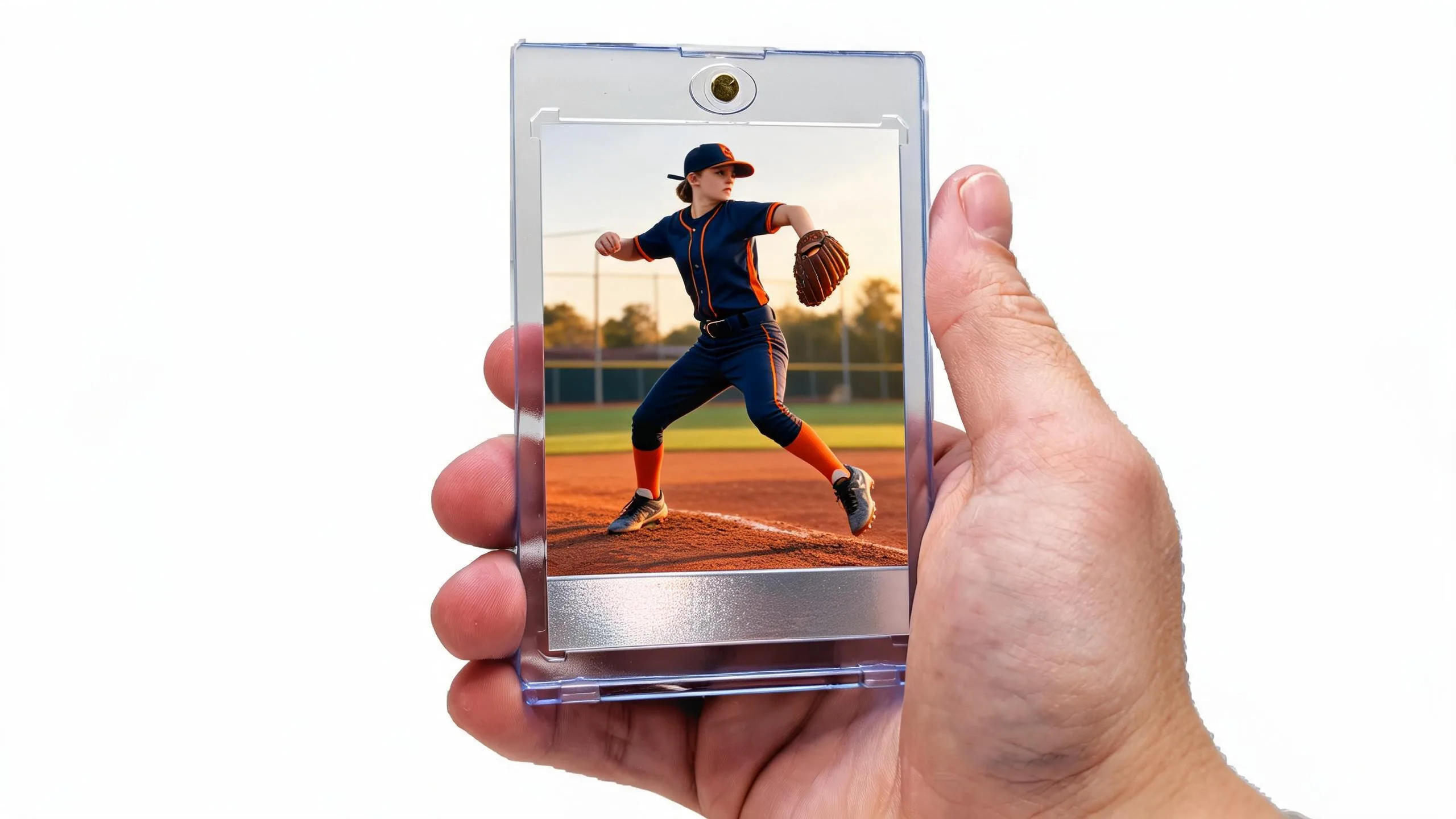 Hand holding magnetic case with best new baseball cards to buy, pitcher card design