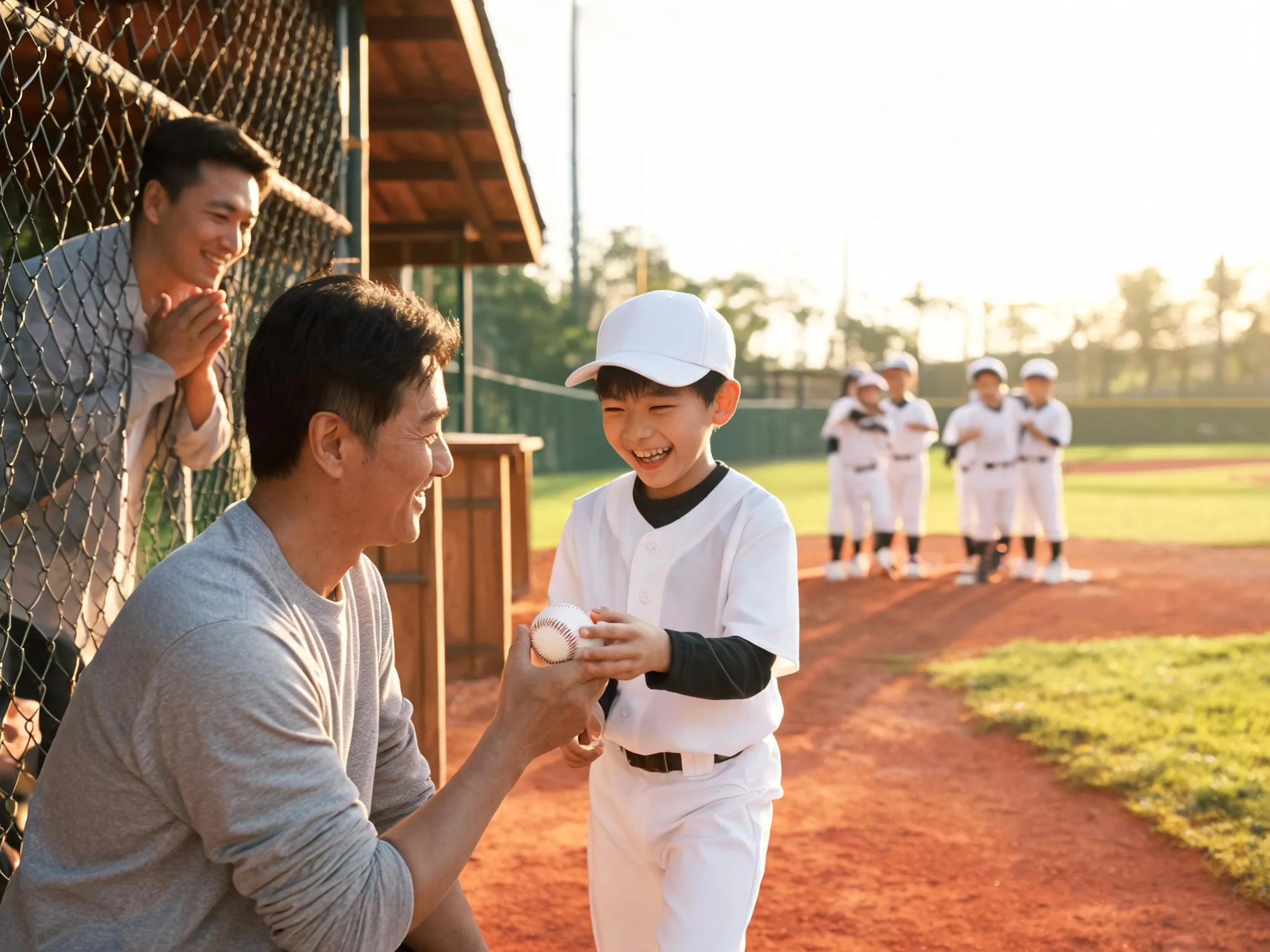 Coach and proud parent share emotional moment with young athlete at ballfield