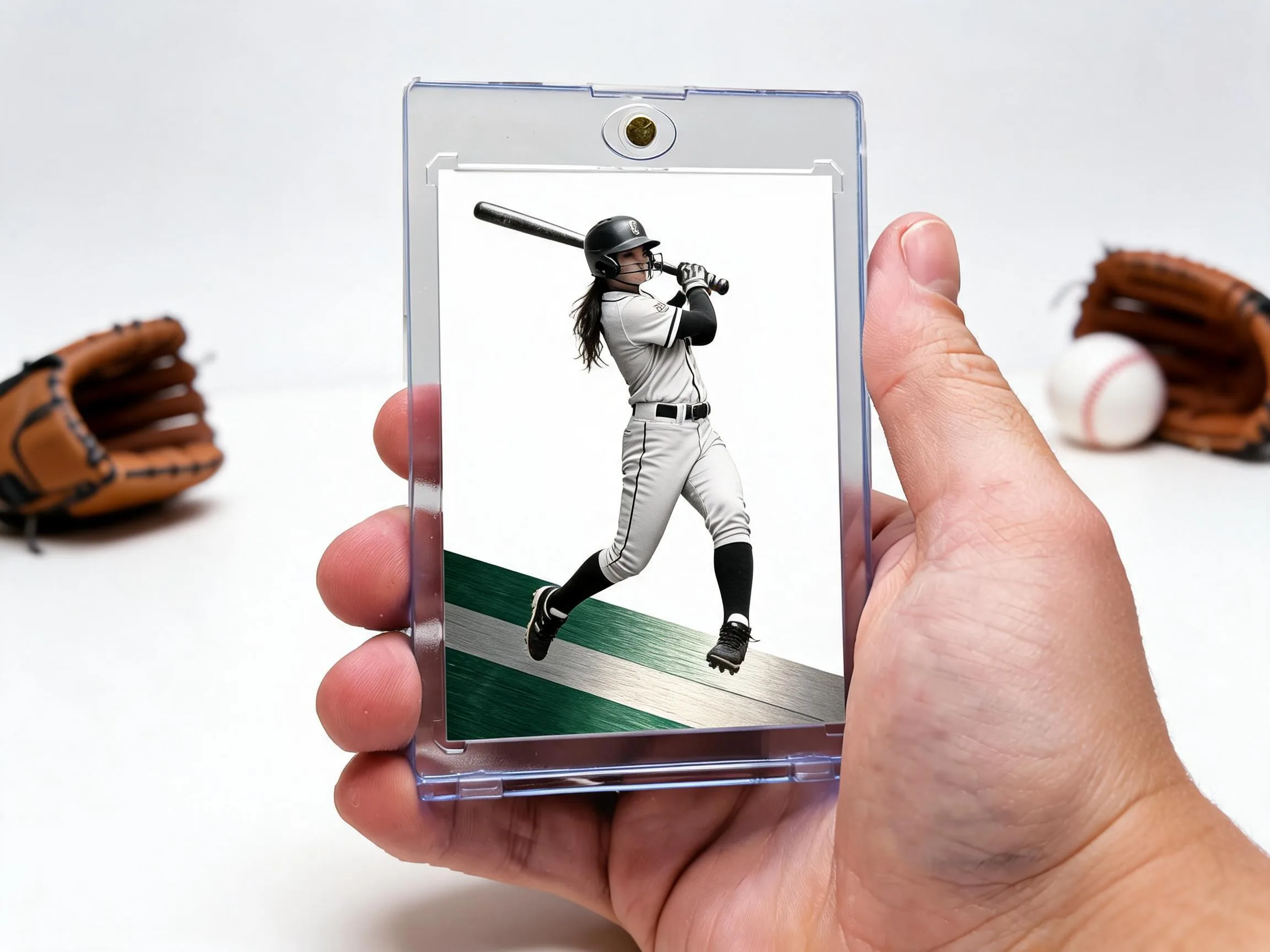 Custom baseball trading card in acrylic magnetic case on white tabletop