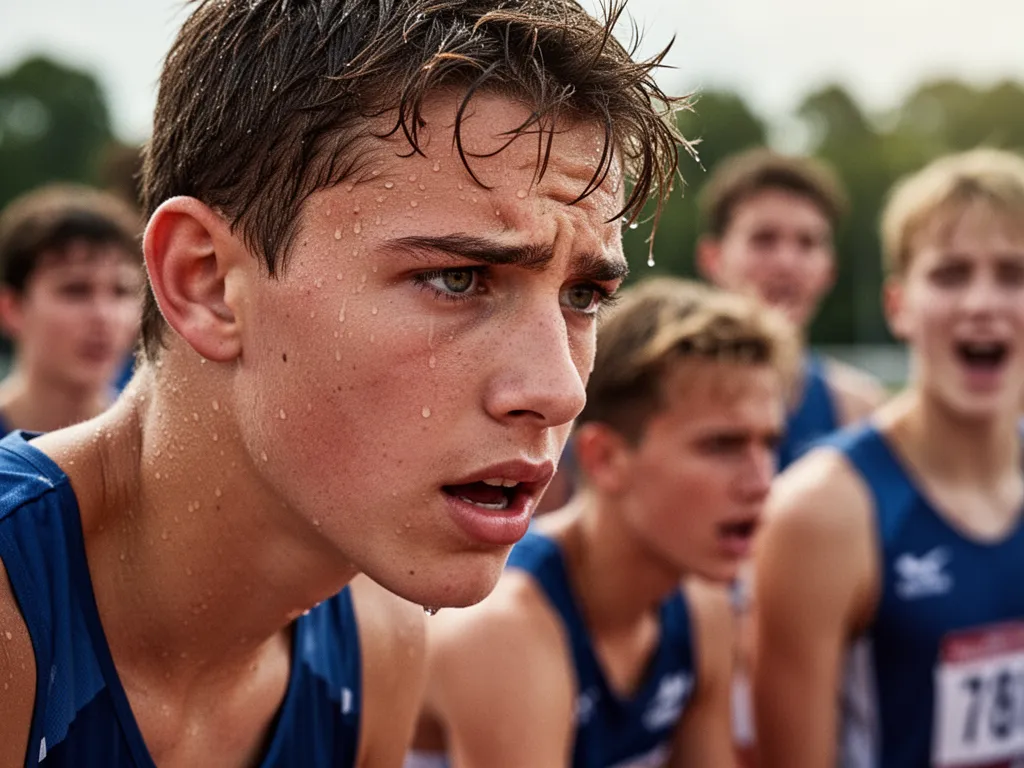 Determined athlete's face during competition with supportive teammates visible in soft-focused background