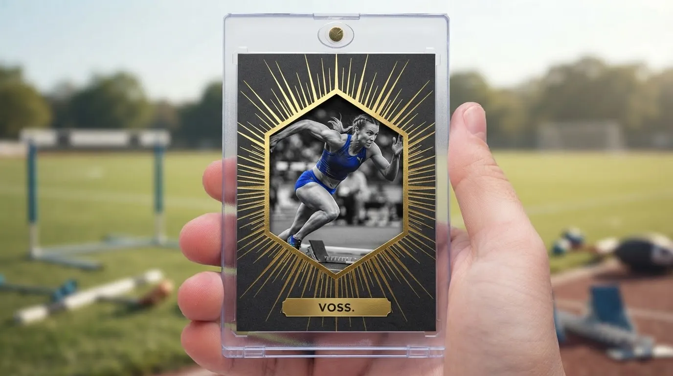 Hand holding magnetic case with best Nikon for sports photography gold foil burst trading card.