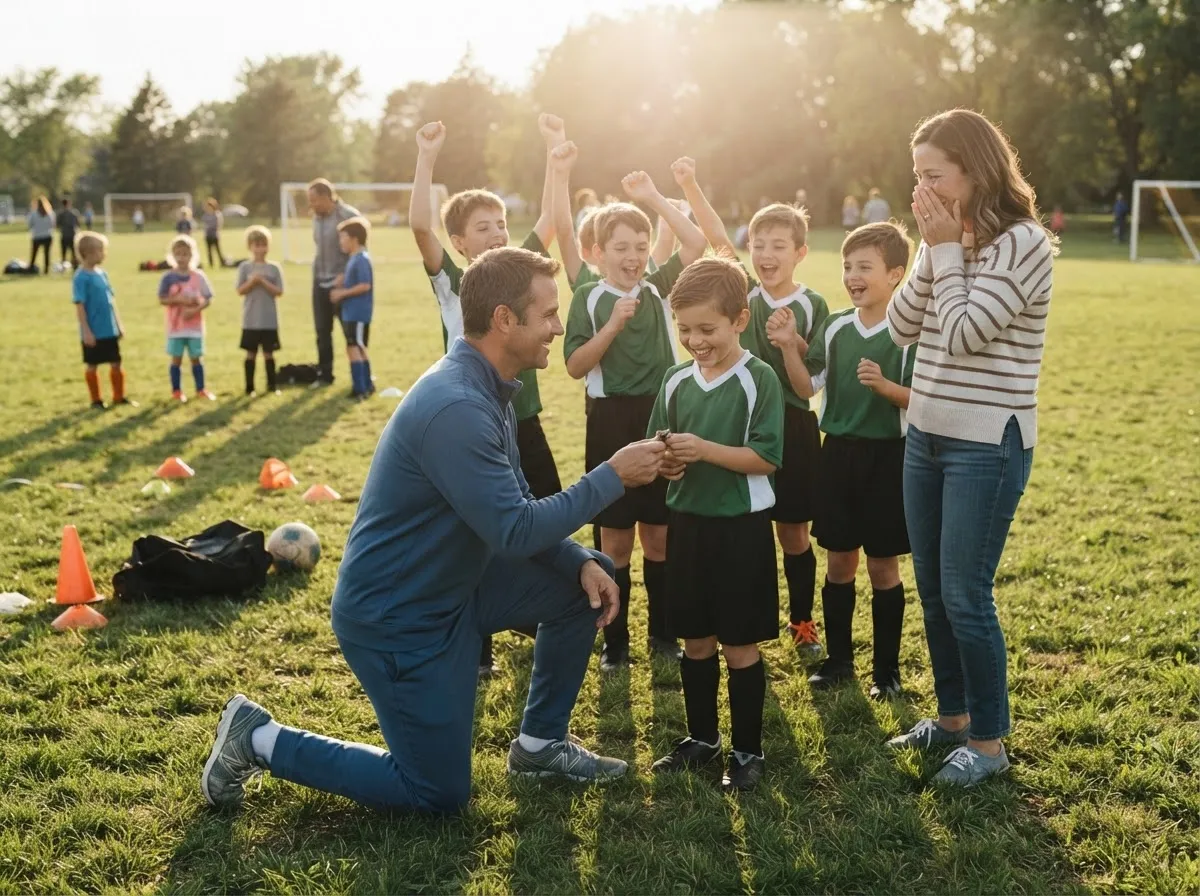 Coach and young athlete share proud celebration moment on sunny sports field.