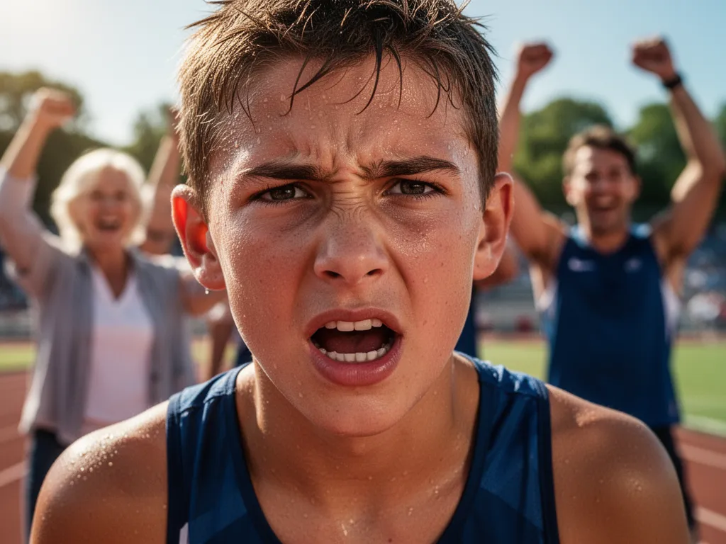 Young athlete's concentrated face during competition with supportive family and teammates visible in soft focus background.