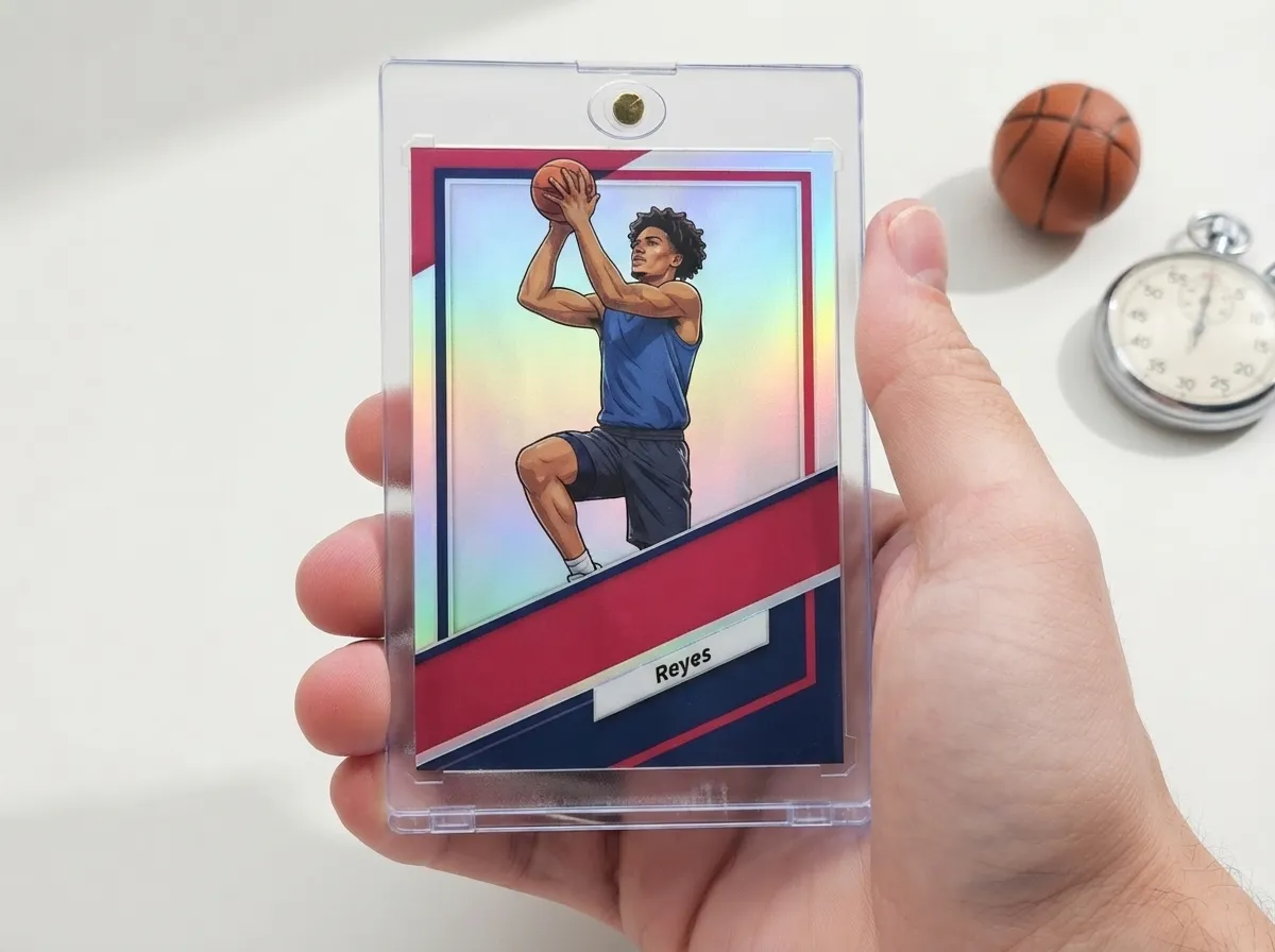 Custom sports trading card in magnetic case with chrome diagonal frame design.