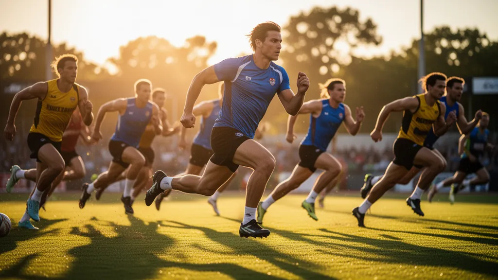 Multiple athletes in intense competition mid-motion on outdoor field with natural golden hour lighting.