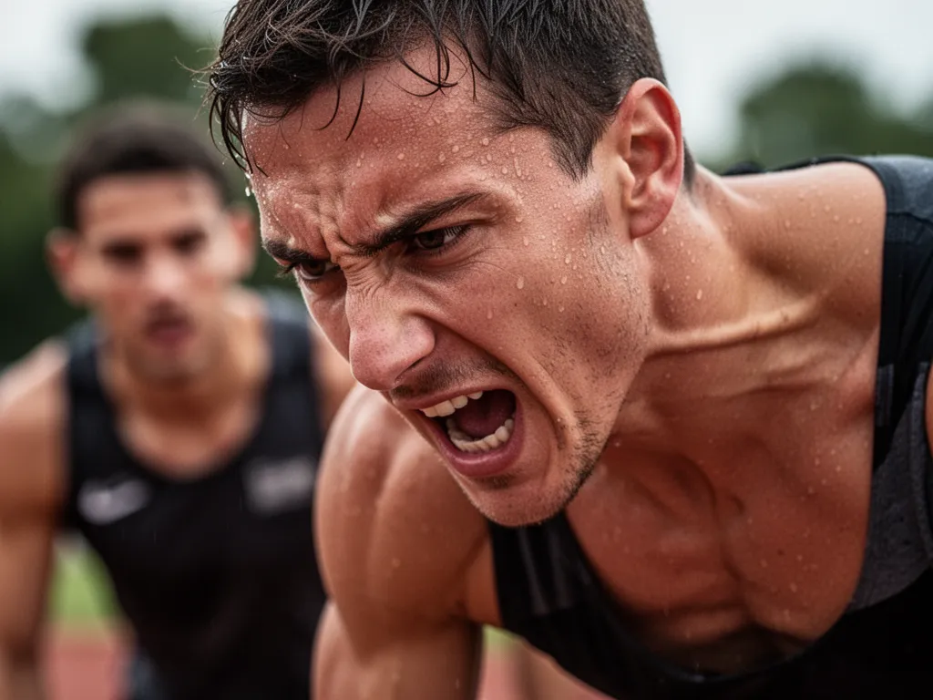 Close-up of athlete's determined face and body tension showing intense focus during competition.