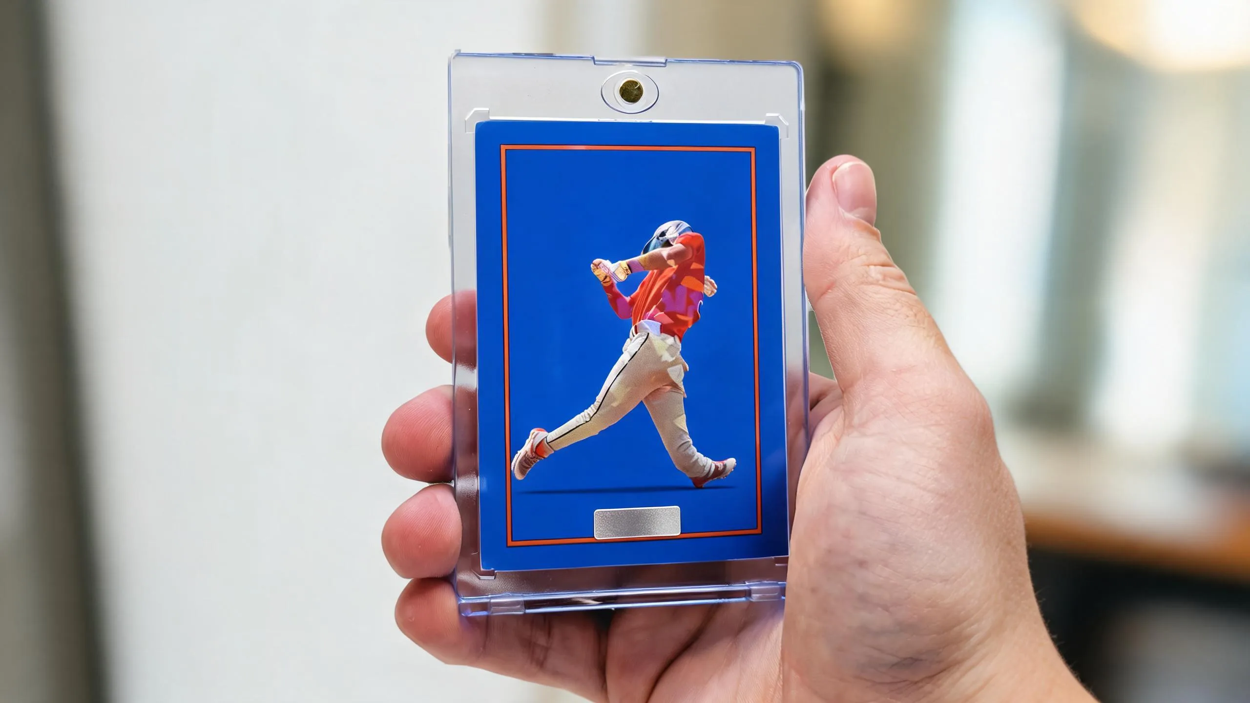 Hand holding magnetic case with athlete card, illustrating best Nikon lens sports photography results.