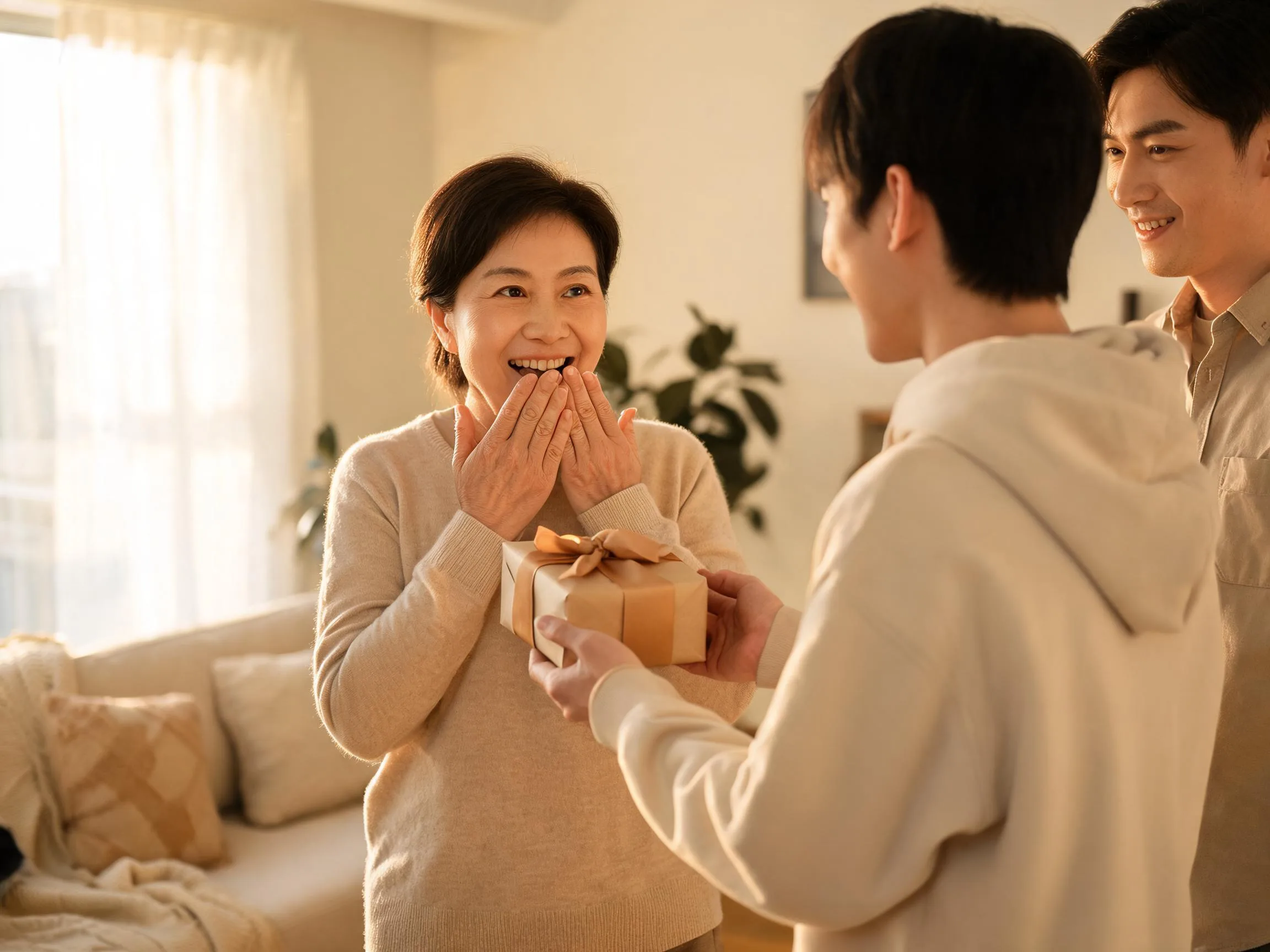 Person reacting with genuine surprise while receiving an unexpected gift indoors.
