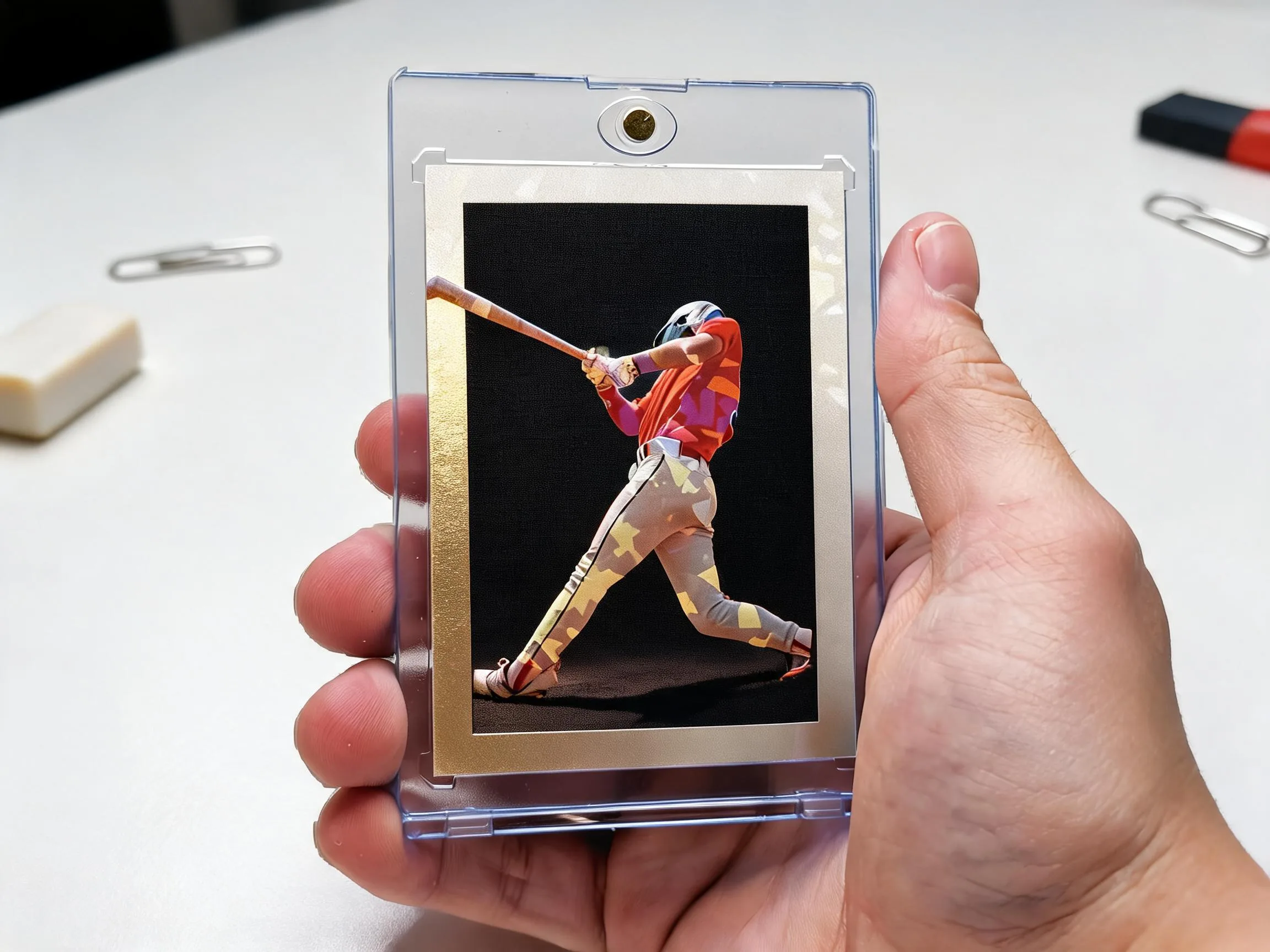 Custom keepsake trading card in magnetic case displayed on white tabletop surface.
