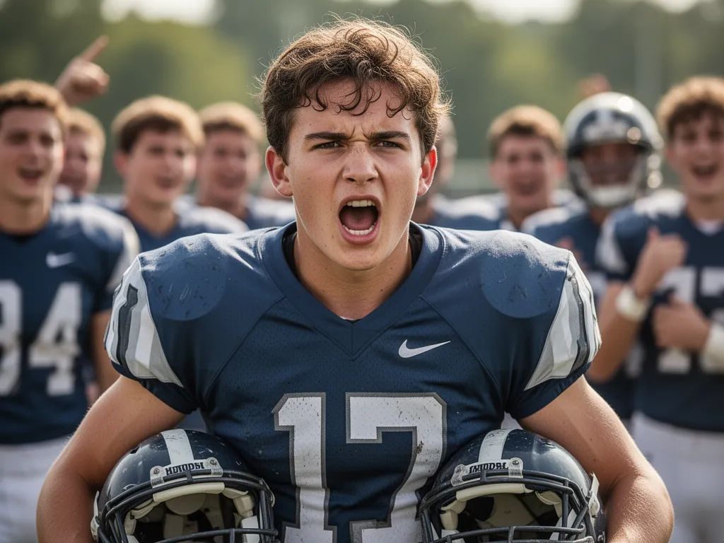 Young football player portrait showing determination with teammates celebrating in soft background