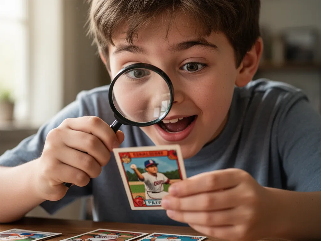 [Young collector studying baseball card with magnifying glass showing passion and attention to detail]