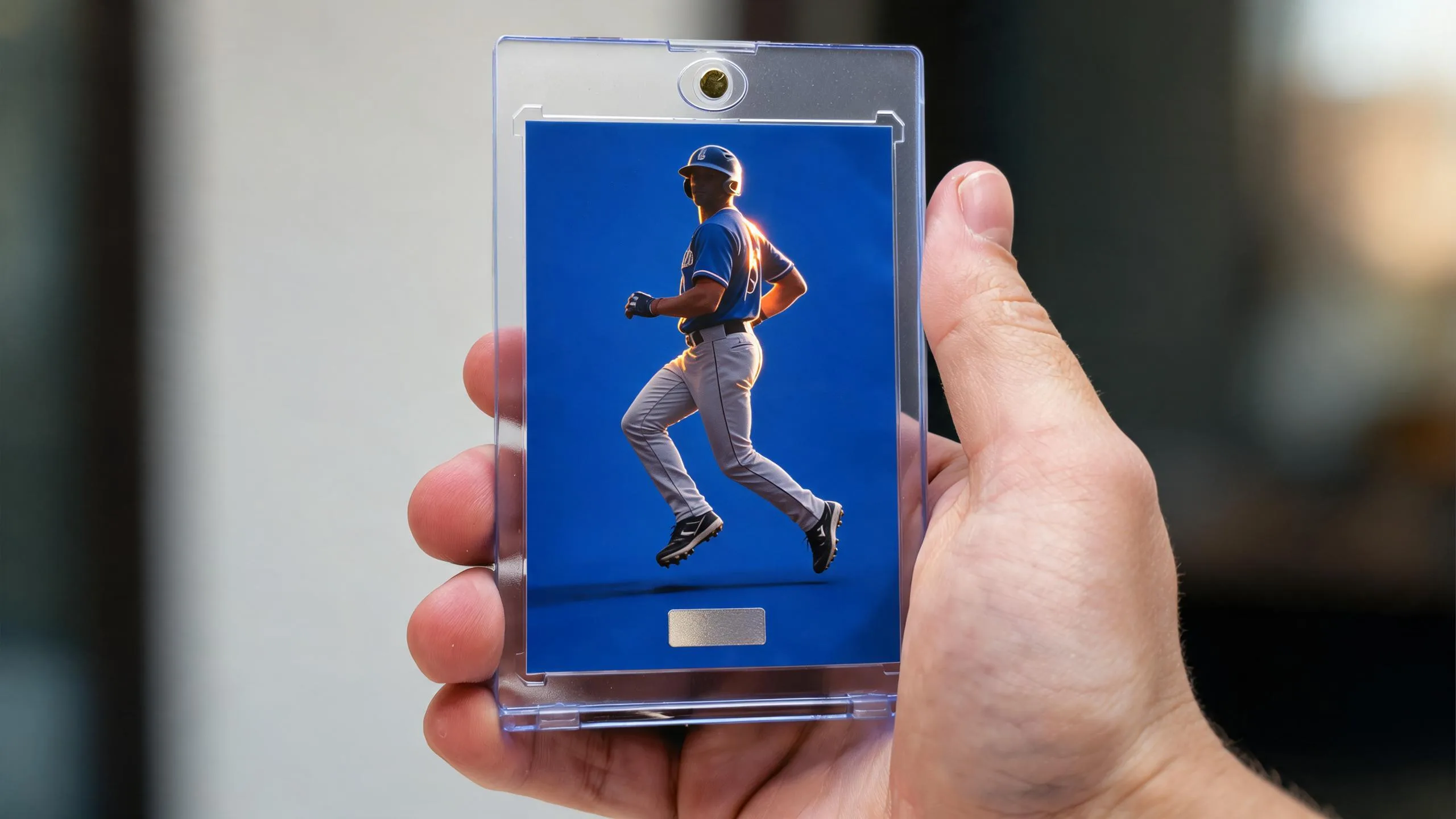 Hand holding magnetic case with blank-tab athlete card, best place to buy trading cards.
