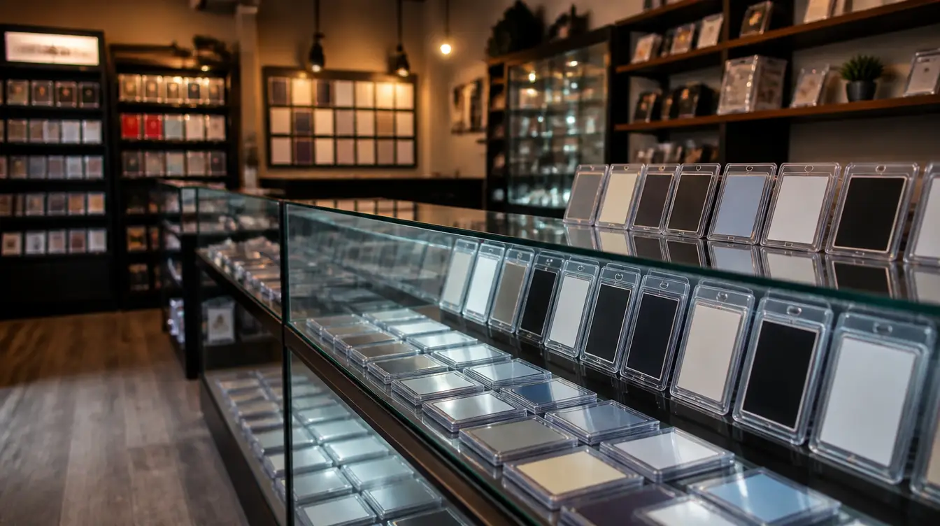 A card shop interior with glass display cases full of trading cards