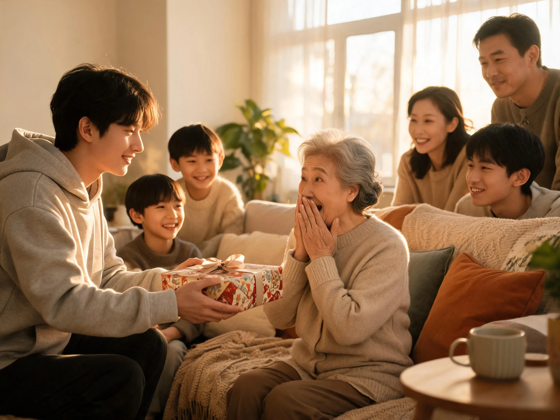 Grandmother reacting with joyful surprise to an unexpected gift from family.