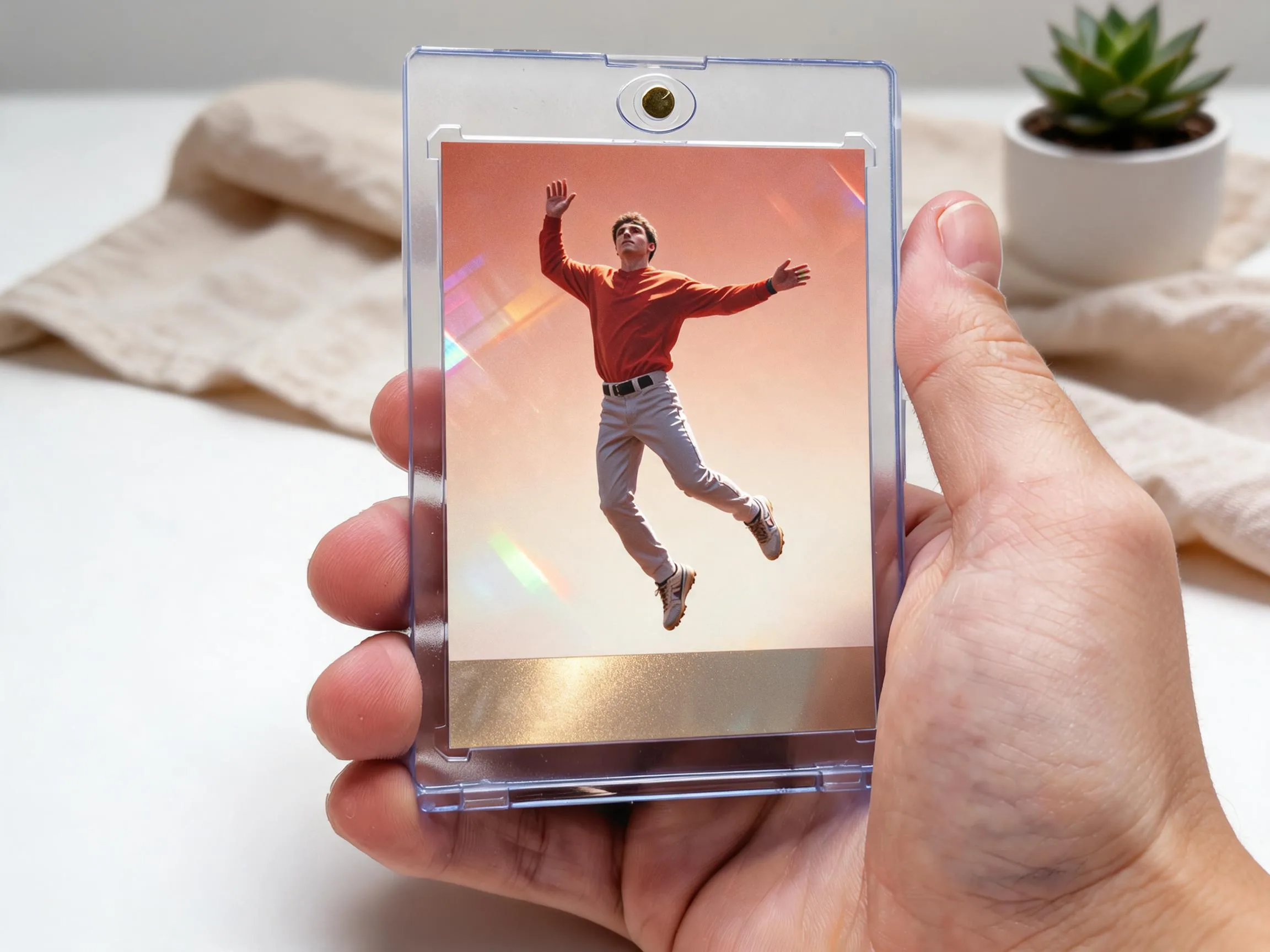 Magnetic case displaying a custom keepsake trading card with chrome refractor finish.