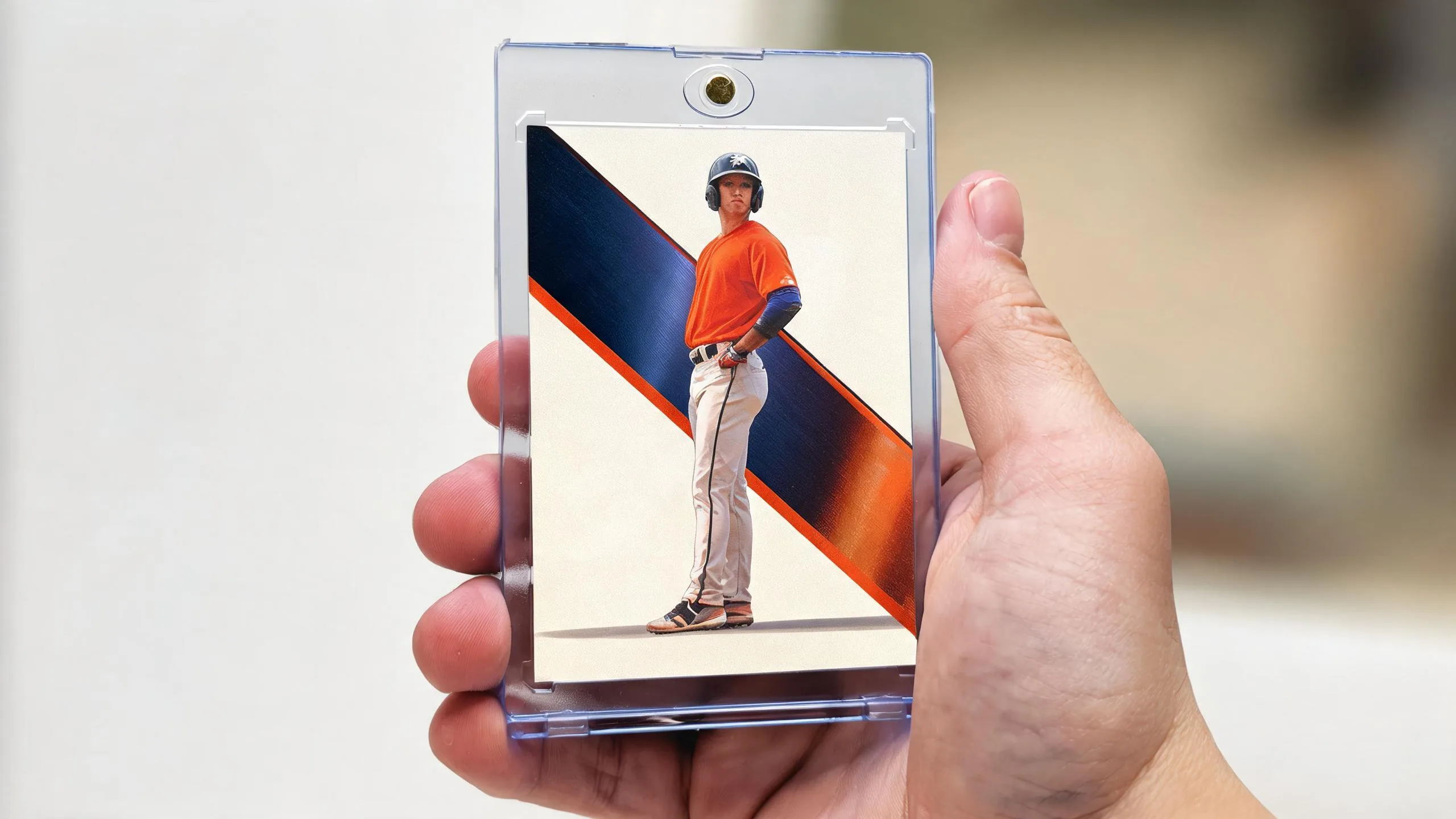 Hand holding a magnetic trading card case, illustrating best places to buy sports cards online.