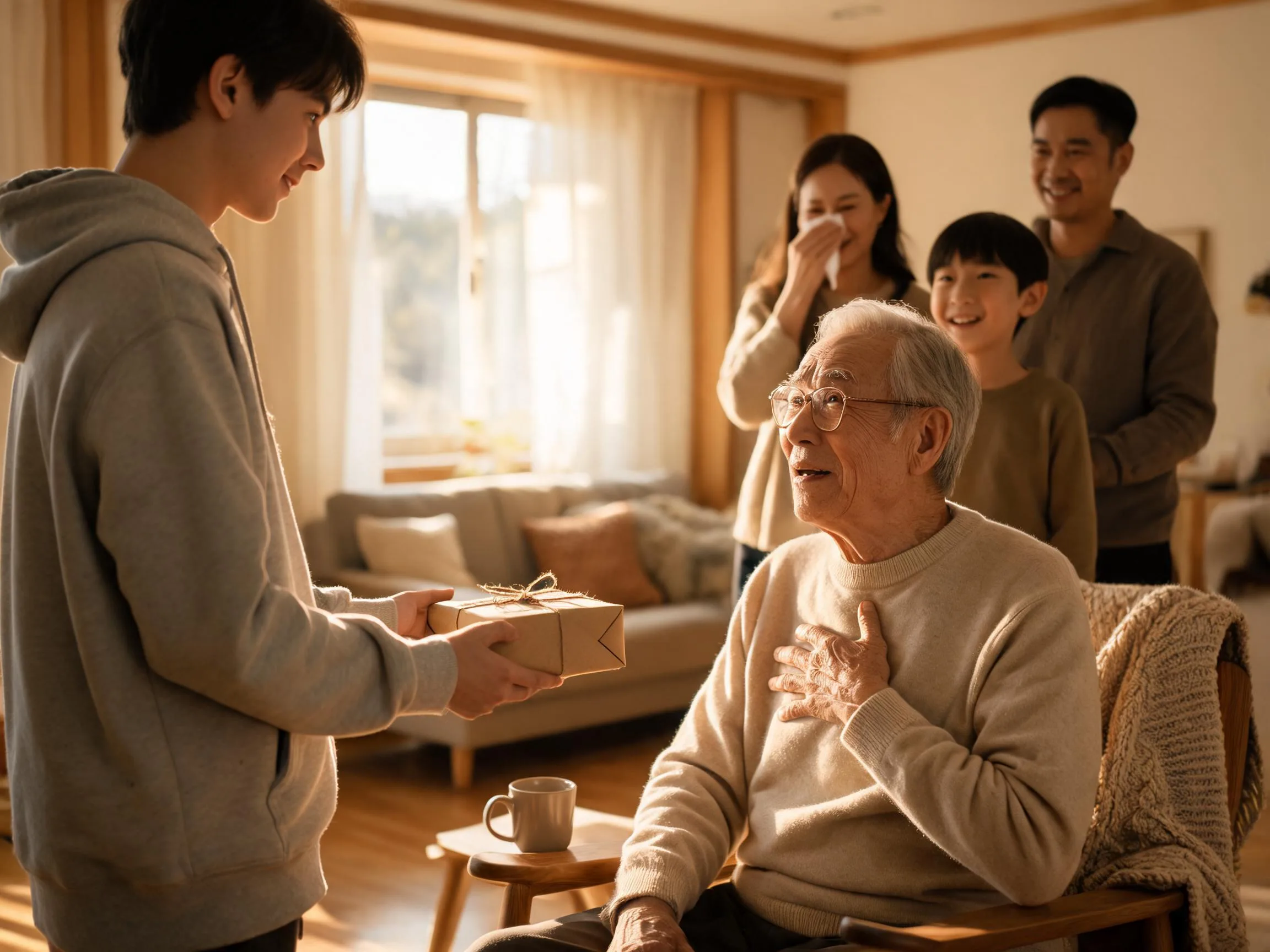 Grandfather reacting with joyful surprise to an unexpected gift from his grandchild indoors.