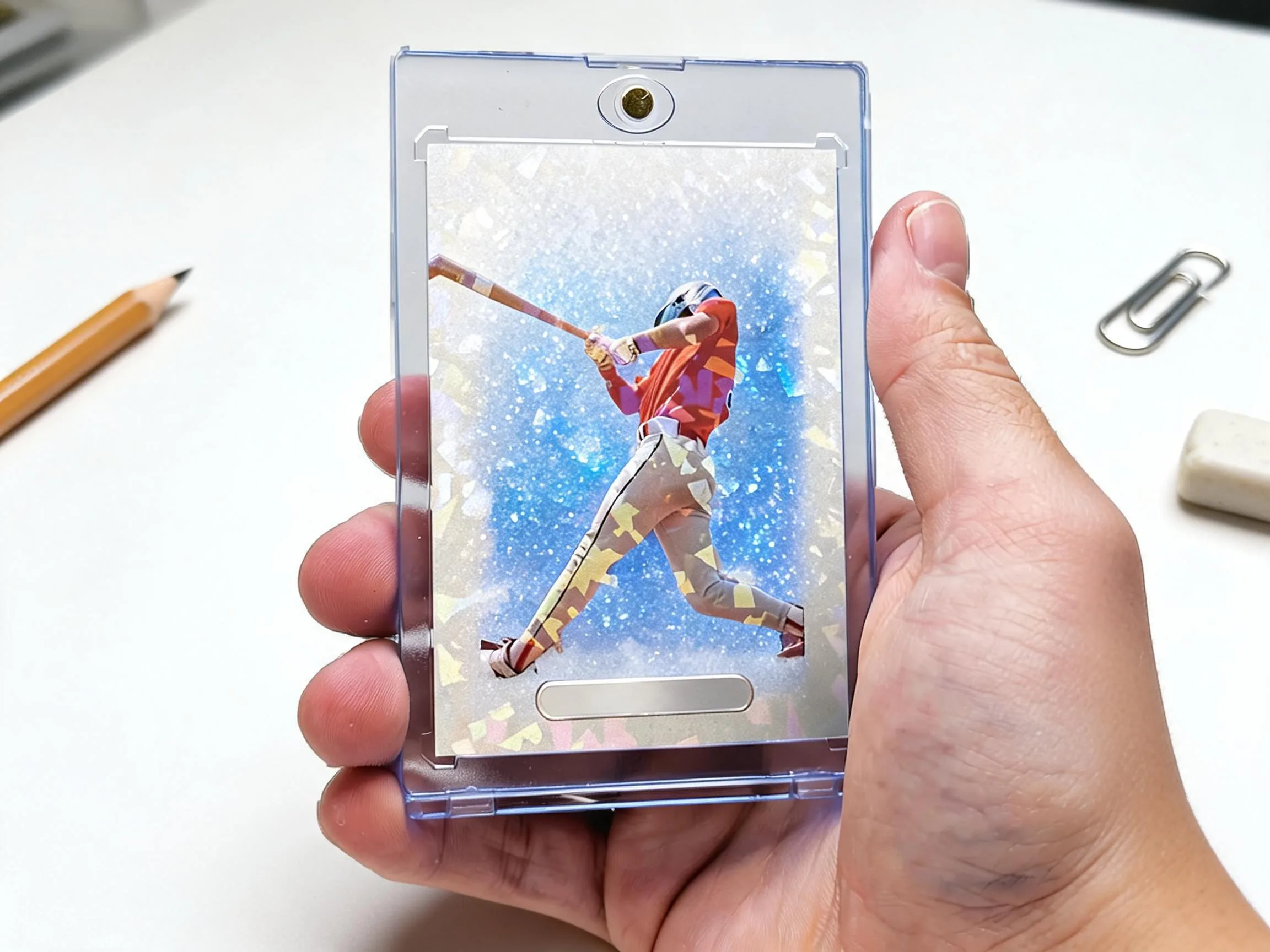 Custom keepsake trading card displayed in a clear magnetic protective case on white table.