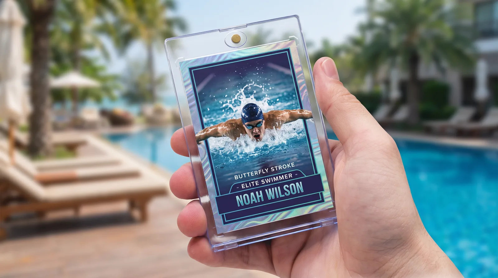 Custom swimming trading card held in its magnetic case in front of a blurred pool deck