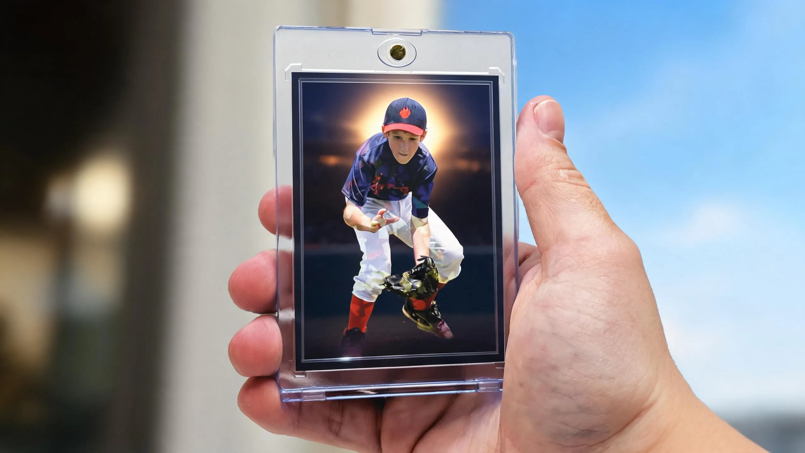 Hand holding magnetic case with stadium-night trading card, illustrating best settings for sports photography canon.