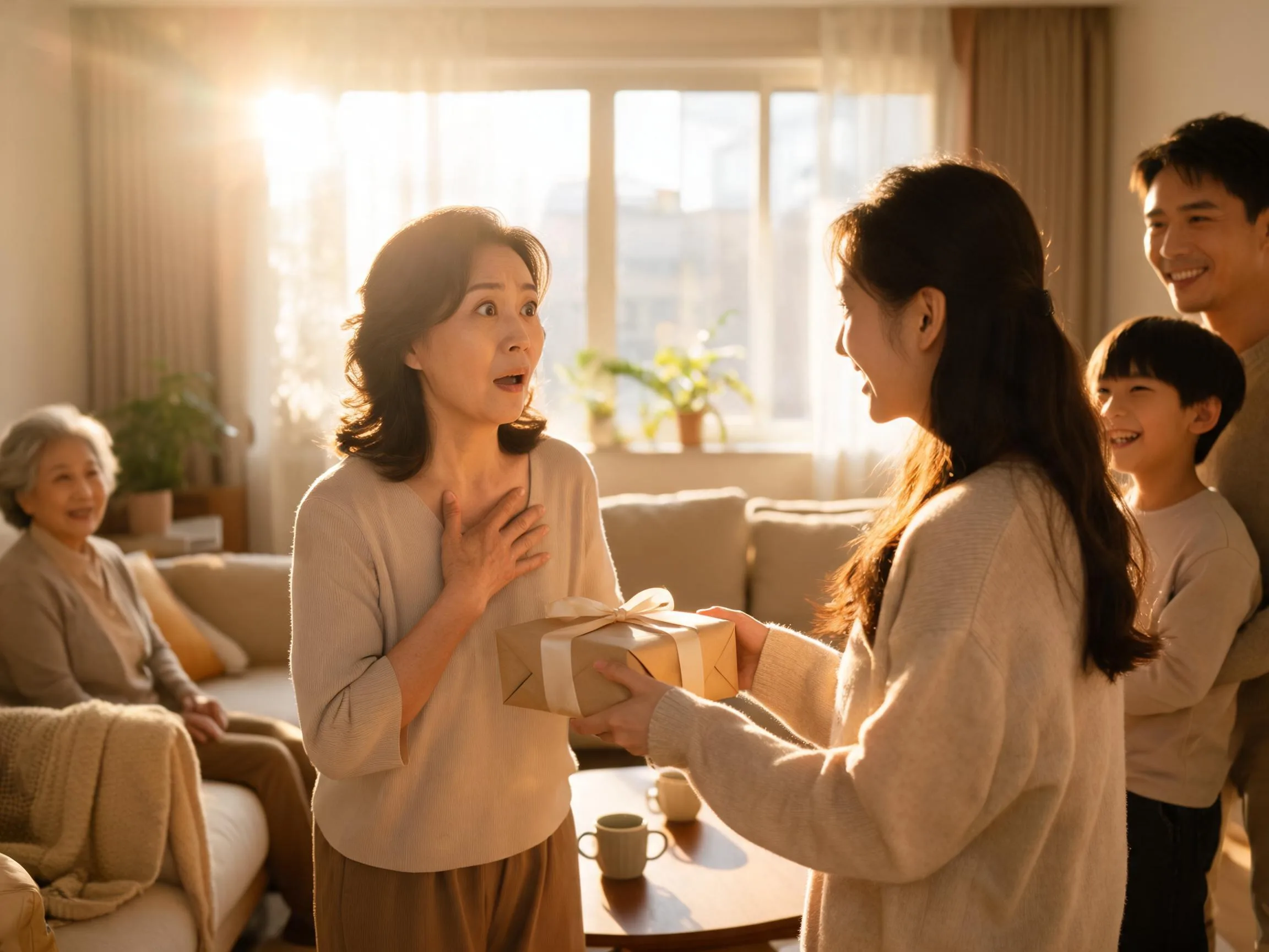 Family member reacting with surprise and joy to an unexpected wrapped gift indoors.