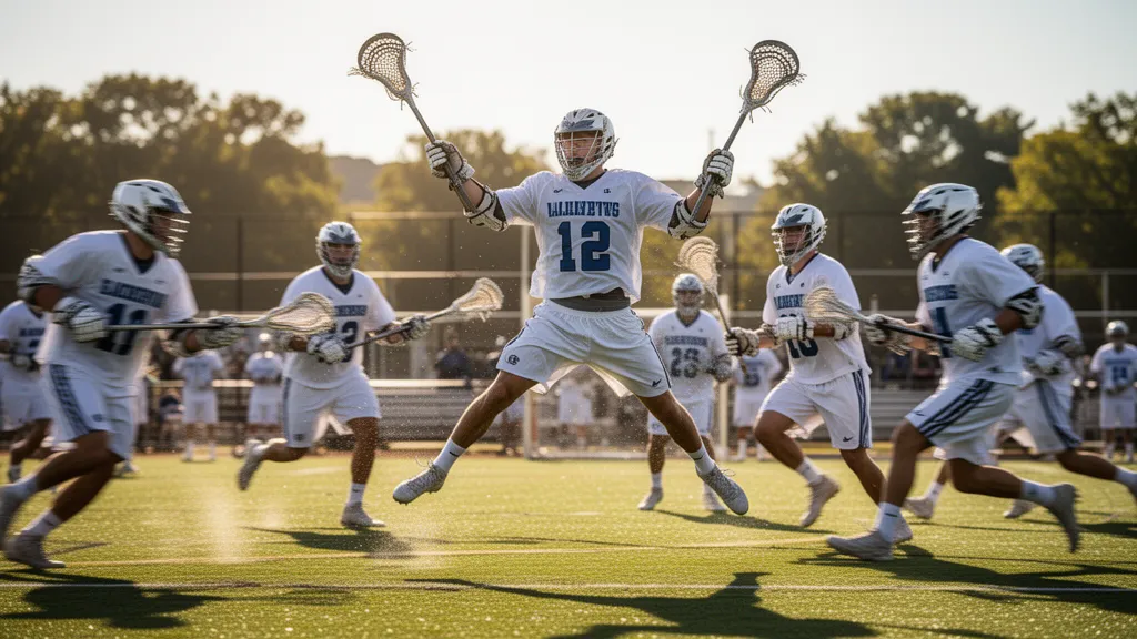 Lacrosse player jumping mid-air during competitive game with teammates in background motion