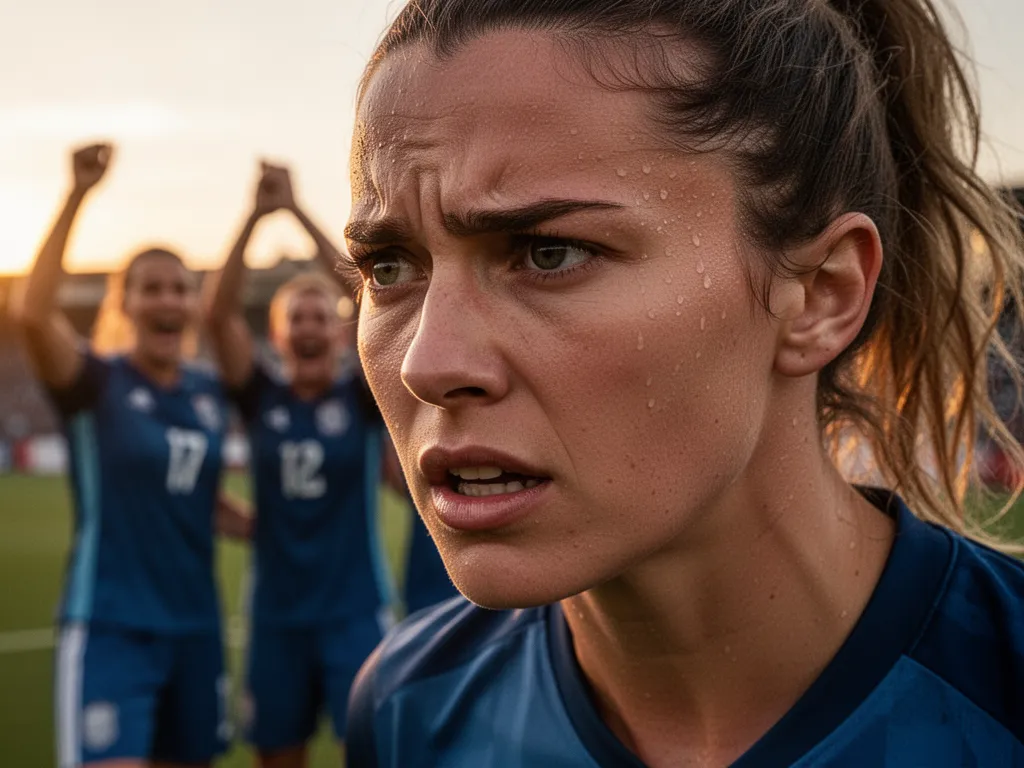 Female soccer player showing intense concentration and determination during competitive match moment