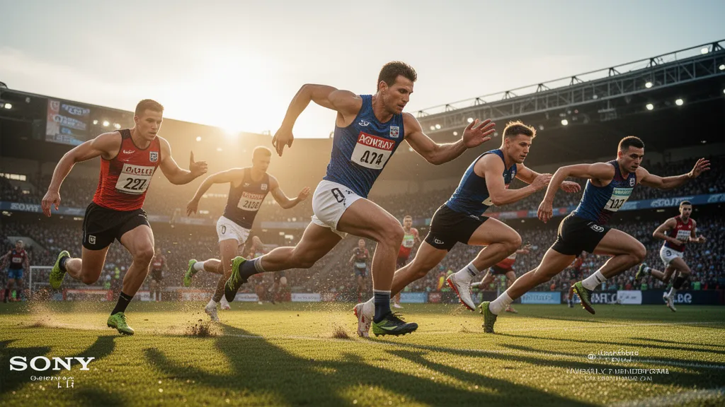 Multiple athletes in dynamic motion during outdoor competitive sports event with natural lighting