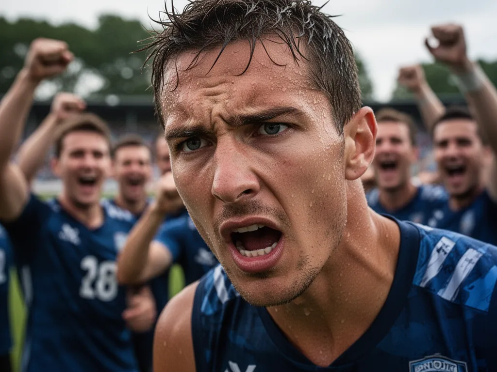 Close-up of athlete's intense focused expression with teammates celebrating in blurred background