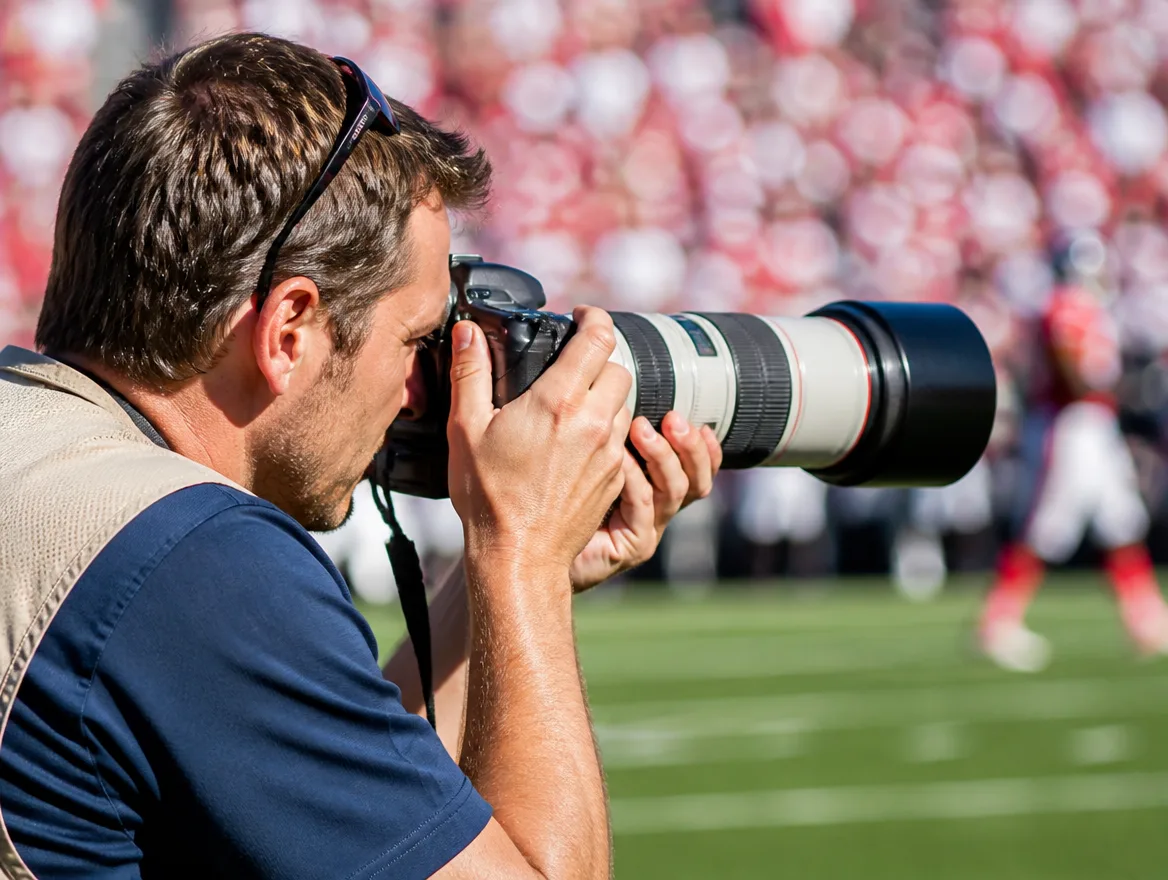Sports photographer shooting action on the field