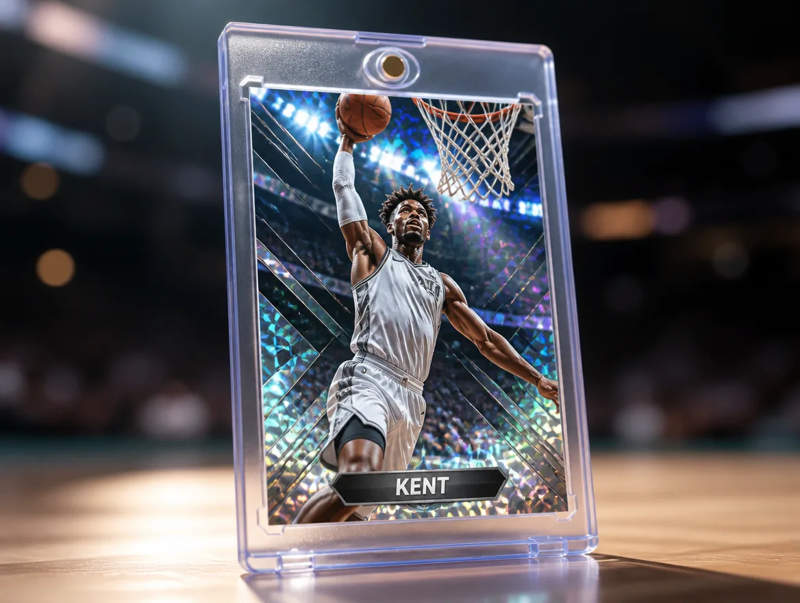 Custom basketball card standing in a premium magnetic case