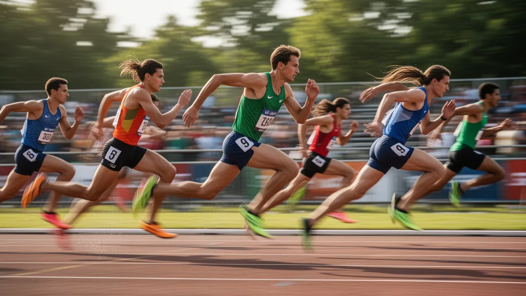 Multiple athletes competing dynamically outdoors with natural lighting and motion energy captured