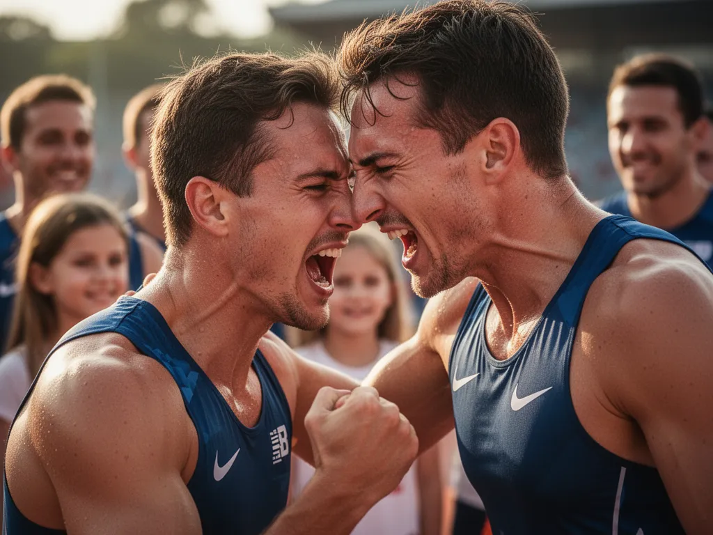 Athlete displaying intense emotion and determination with supportive people blurred in background