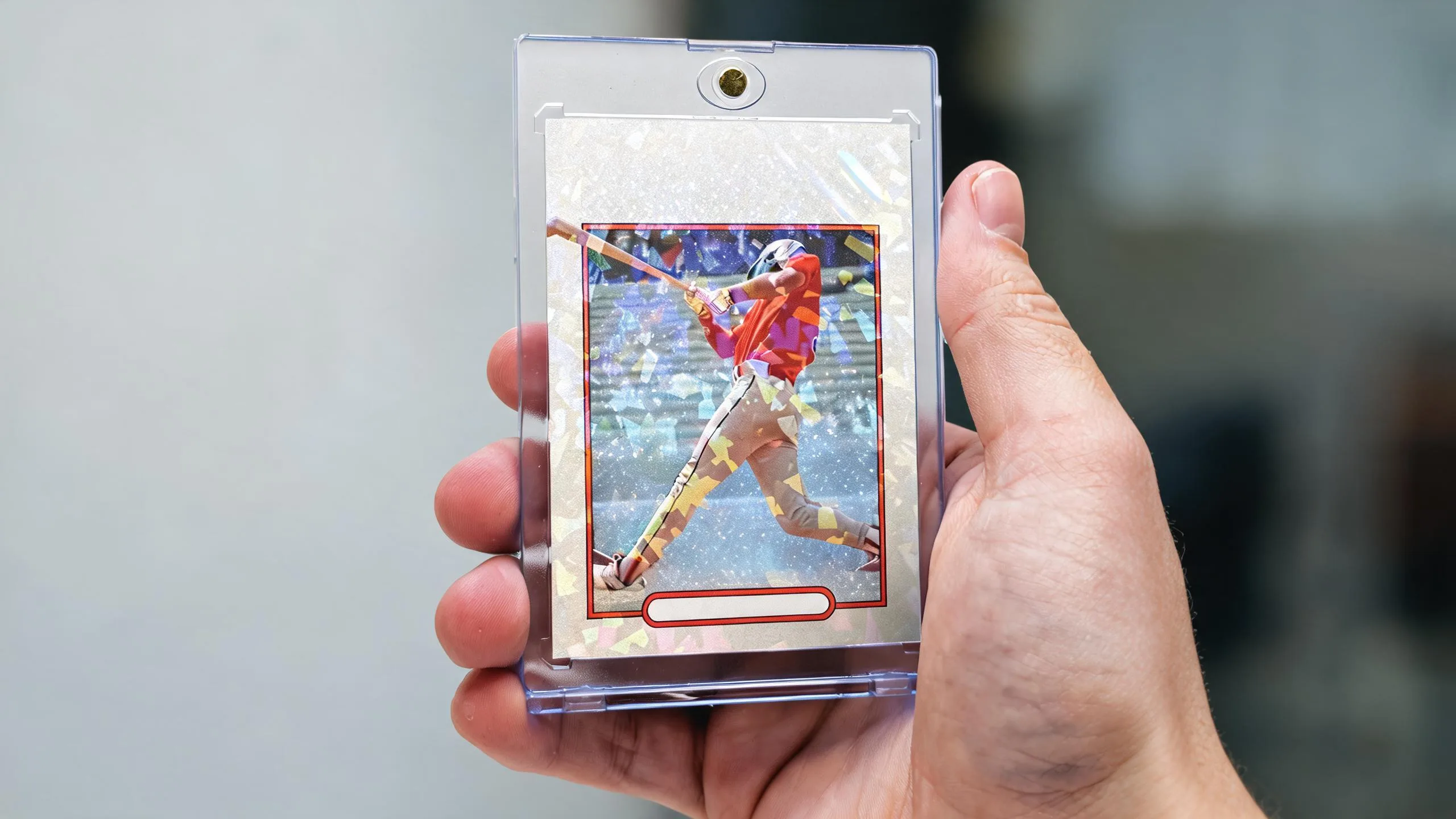 Hand holding magnetic case with icy blue refractor card, showcasing best sports cards to buy.