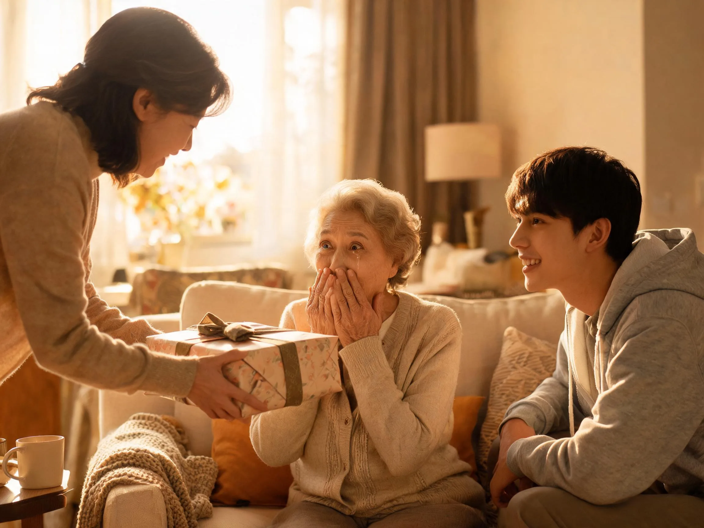 Older adult reacting with joyful surprise to an unexpected gift from family member.