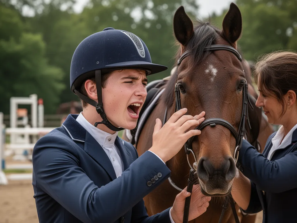 [Young equestrian rider smiling with handler celebrating after successful horse jumping competition]
