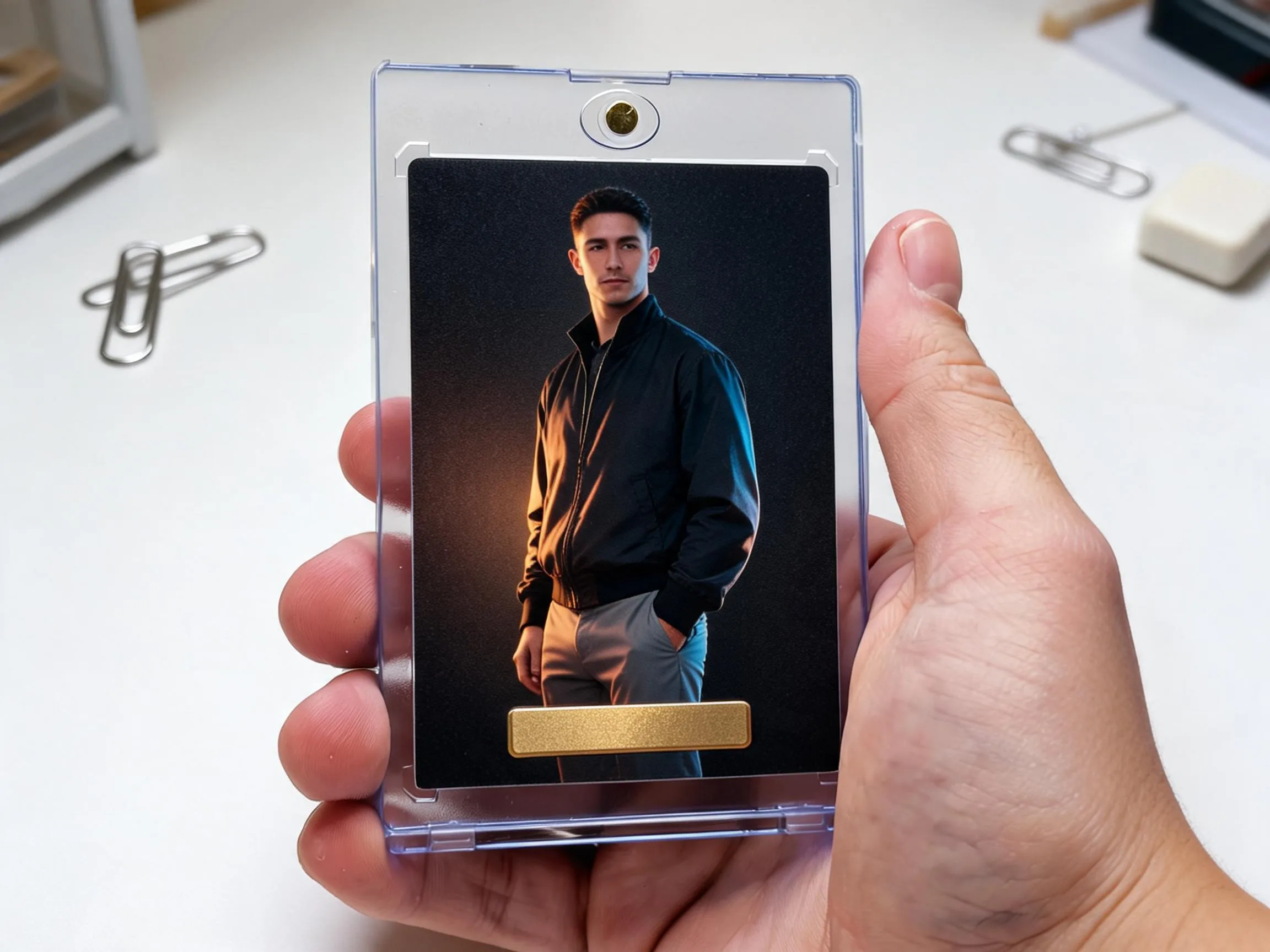 Custom keepsake trading card in magnetic case displayed on white tabletop shelf.