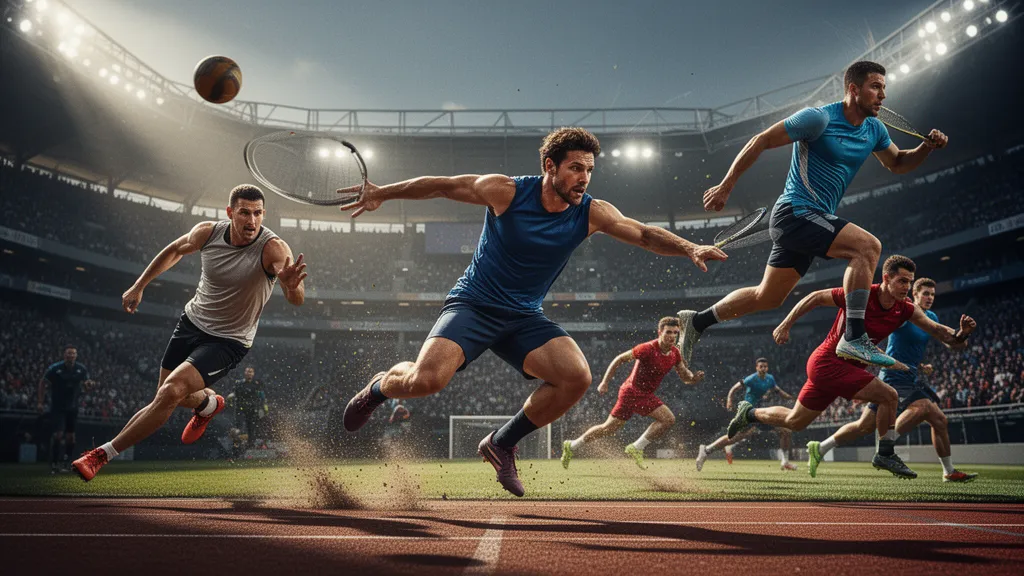 Multiple athletes in dynamic action across various sports competing with intense energy and motion.