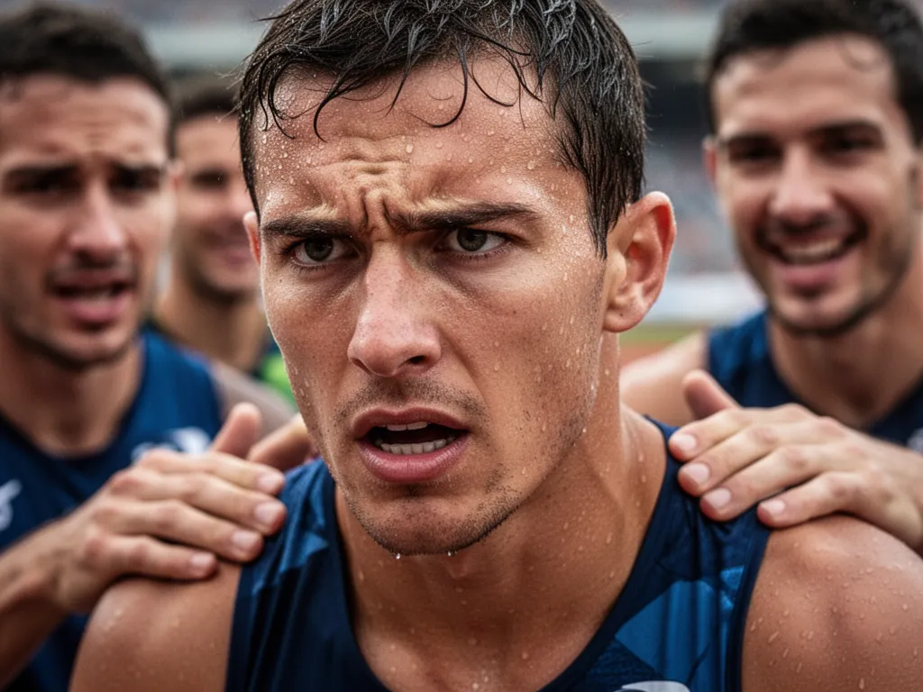 Athlete's determined face during competition with teammates supporting in blurred background showing emotion.