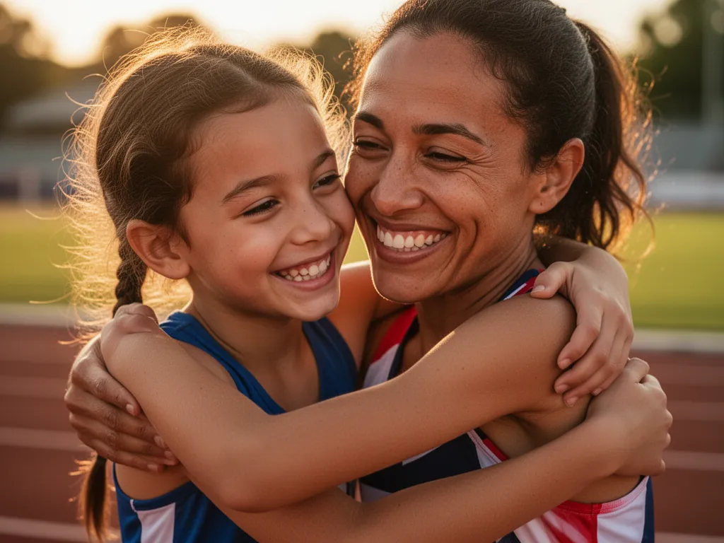 Parent hugging young athlete in warm moment of pride and celebration together