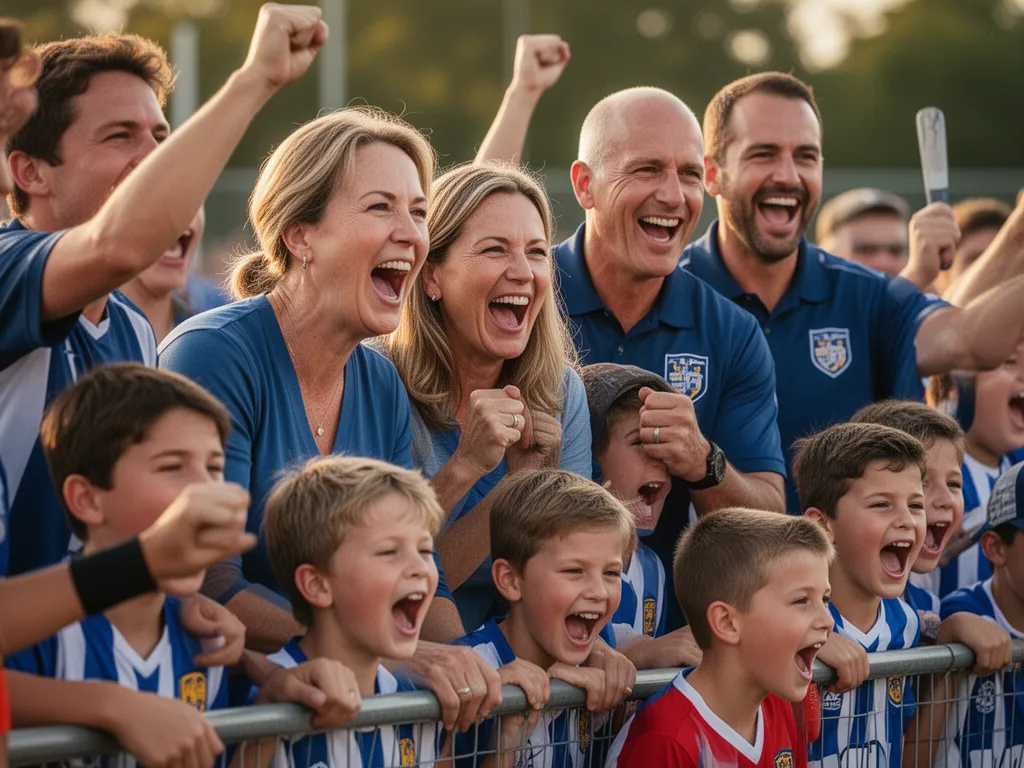Parents and coaches celebrating enthusiastically from sidelines during youth sports fundraiser event